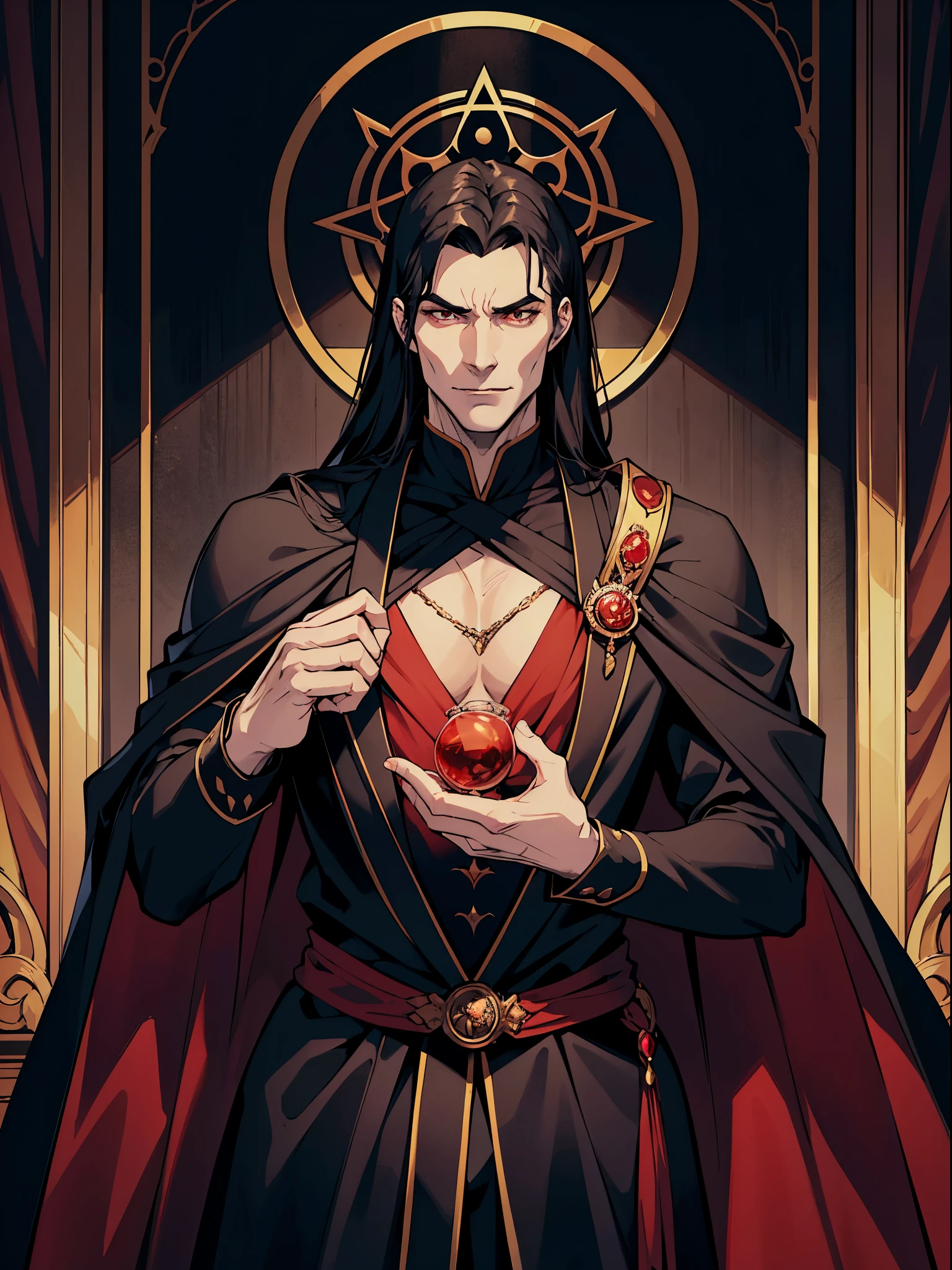 He has a tall and athletic stature, about 1.90 meters tall. Its appearance is marked by a pale, almost translucent skin, giving it a mysterious and otherworldly air. His eyes are mesmerizing, of an intense and piercing red, capable of captivating and terrifying at the same time. His gaze carries the promise of a hidden power and an insatiable thirst for blood. Dracula has a long, silky black hair that cascades over his shoulders. Her hair is perfectly groomed, adding a touch of sophistication to her appearance. He maintains a neatly trimmed beard, which highlights his angular features and adds an air of mystery to his countenance. His face is marked by aristocratic features and a haughty expression. It has pronounced cheekbones and a strong jaw, which gives it an imposing and dominant appearance. When he smiles, his sharp fangs stand out, reminding everyone of his vampiric nature. Regarding his clothing, Dracula opts for exquisite and luxurious costumes. He wears a long, black robe, decorated with gold and red accents, which wrap around his body and add an air of majesty. Under the robe, he wears a black silk shirt with a turtleneck, conveying an image of elegance and power. Completing the look, he wears black gloves that accentuate his refined and enigmatic style. (masterpiece, best quality, high resolution: 1.4), detailed, intricate details, 4K, color splashes, line art, fibonacci, Dracula (masterpiece, best quality: 1.4), (absurdities, highres, ultra detailed: 1.2), (1 handsome man: 1.4), (using dark magic: 1.4), red magic, playful illustrations, imaginative overlays, artistic fusion, fantastic scenes, evocative narratives, stunning visuals