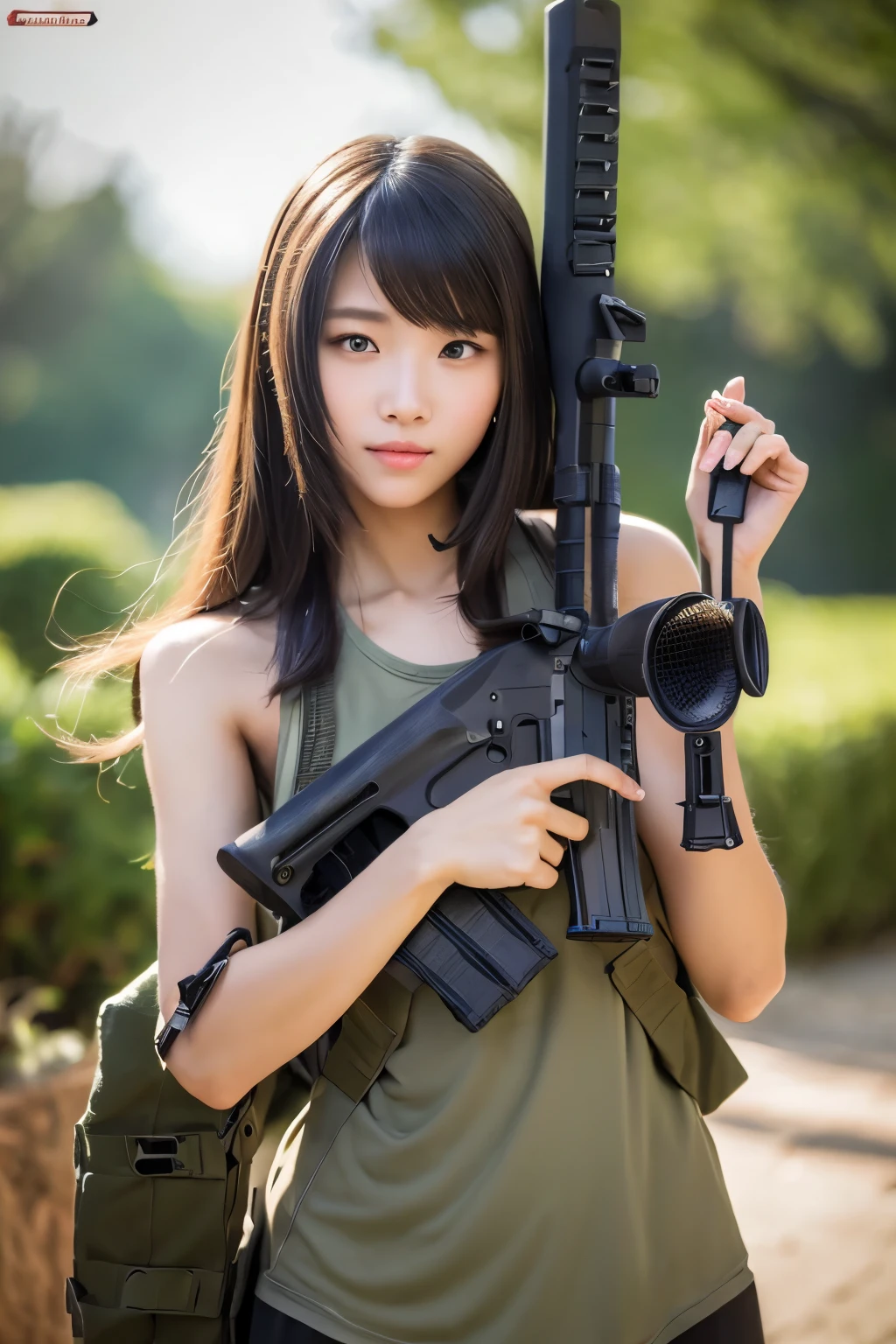 (((((Hold a huge assault rifle)))))、Long sideburns、Anime-style girl with beautiful whole body, clean detailed faces, ciber,analogous colors, Glowing shadows, beautiful gradients, depth of fields, CLEAN IMAGE, High quality,Black Parker Clothing、 high detailing, High Definition, blush, Fit, Heavenly Beauty, Very detailed,Smoking,((assault rifle))、sniper、Sniper rifle lance with a thin and long barrel