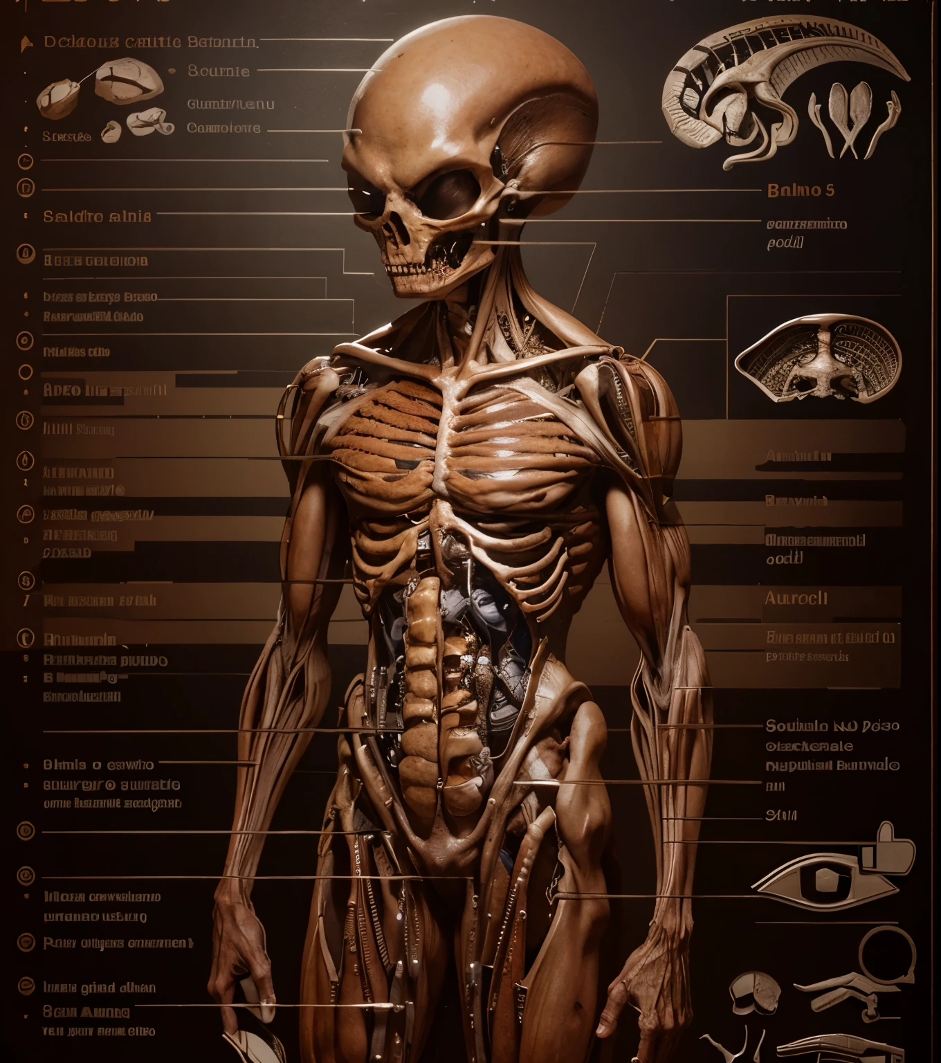 a diagram of the human body with all the muscles and skeletal parts, full details anatomy poster, alien features, detailed anatomy, monster anatomy, human anatomy features, human structure, hr giger muscles, knowledge of anatomy, human structure concept art, anatomical details, human anatomy, ! monster anatomy!, alien autopsy, anatomical diagram, humanoid body, detailed body structure