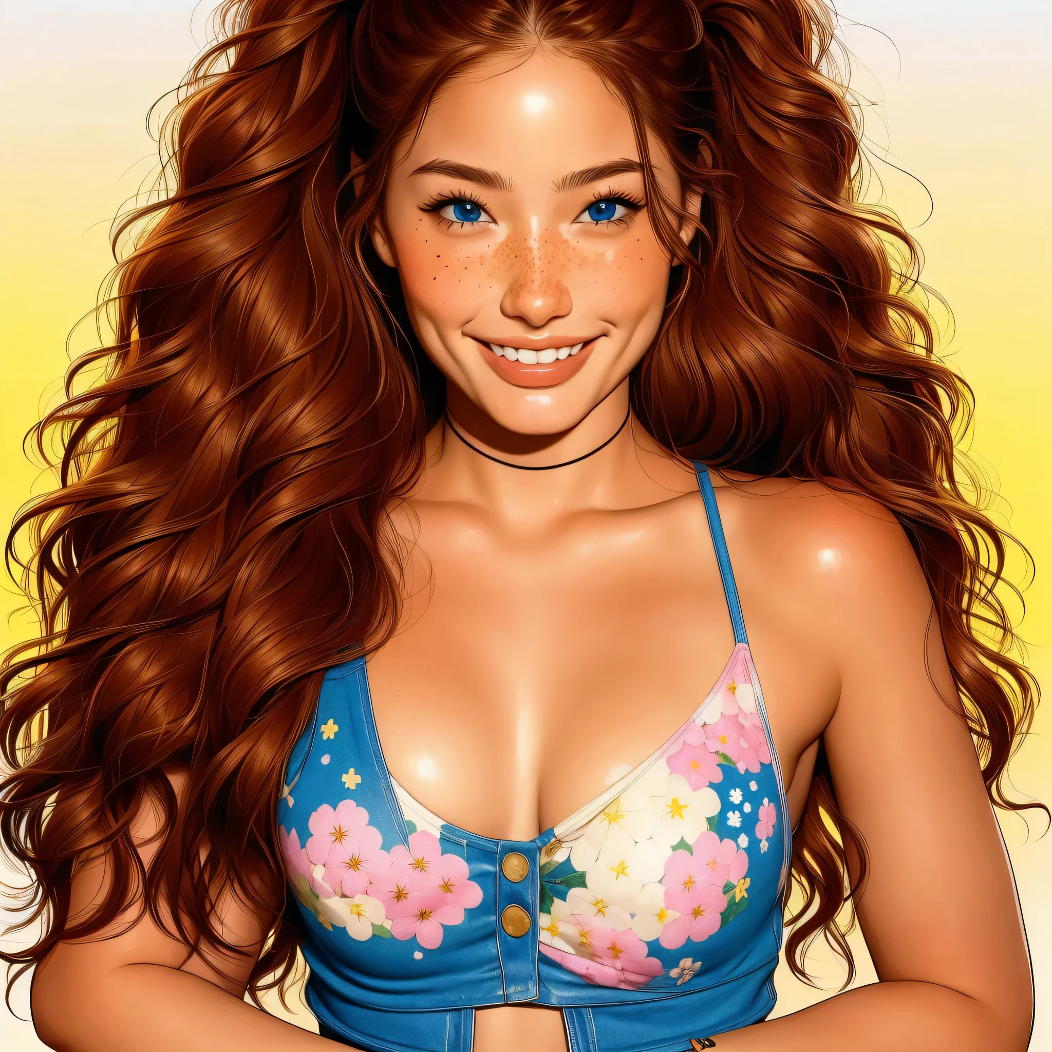 1girl, solo, masterpiece, best quality, finely detailed beautiful eyes, blue eyes, long hair, auburn hair, wavy hair, space buns, yellow floral crop top, girly aesthetic, tan skin, subtle freckles, beautiful, smiling, dimples, cute art style, cute detailed digital art, beautiful digital illustration, highly detailed character design, light eyelashes, no eye makeup