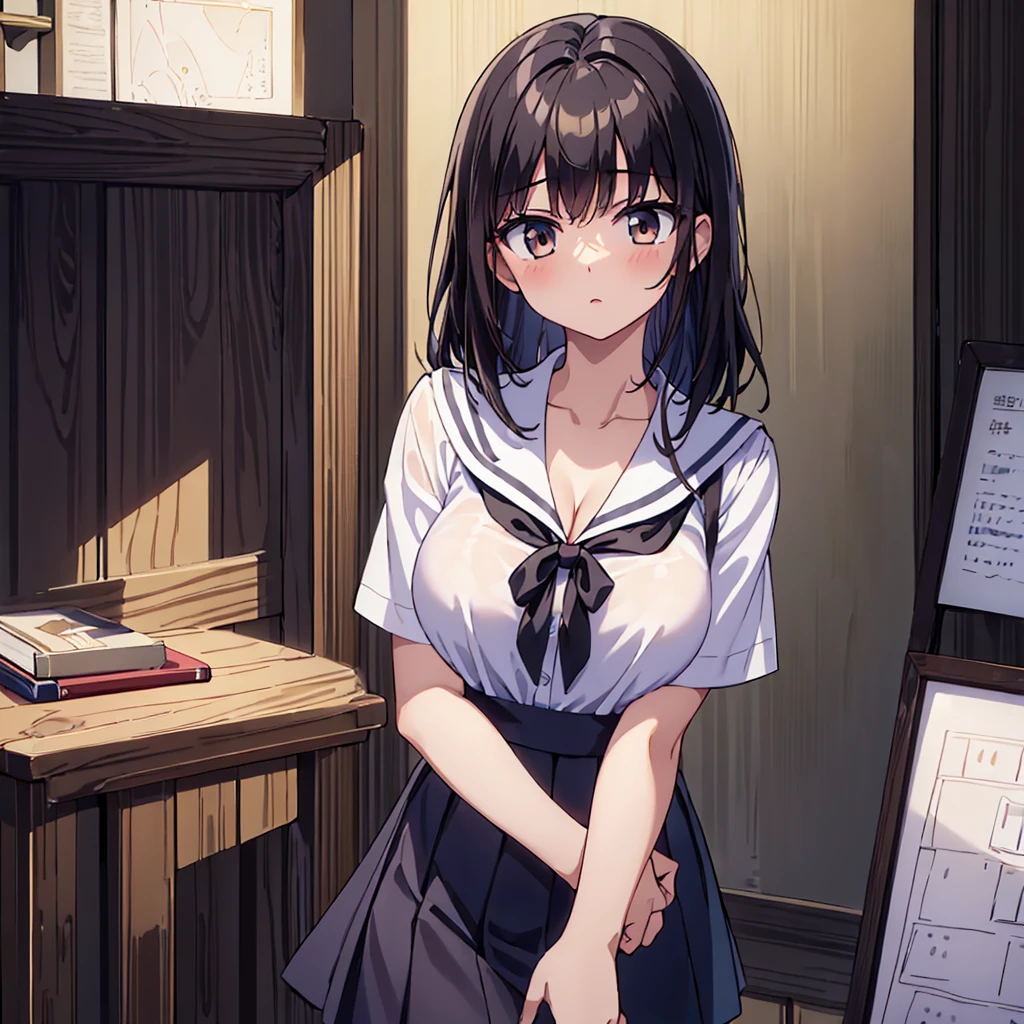 (masterpiece)、(highest quality)、(serious expression)、(school uniform)、(evening school)、(dark background)、(sexy lady)、luster、shadow、big breasts、cleavage、sheer garment、white blouse、open blouse、short sleeve、No bra、black mini skirt、brown eyes、black hair、very short hair