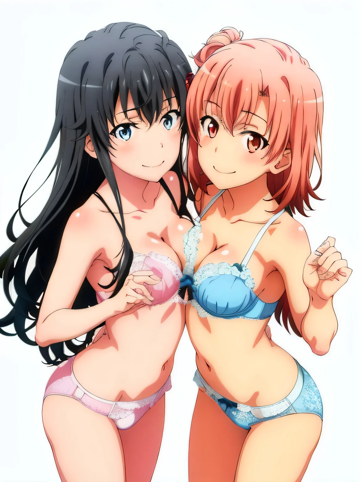 2 girls , Yukinoshita Yukino , yuigahama yui'Both my chest and butt feel good..., waltz dance , In underwear,rotate,whole body,pink silk panties,white silk panties,thighs,high angle,smile,beautiful eyes,Clear eye color,
