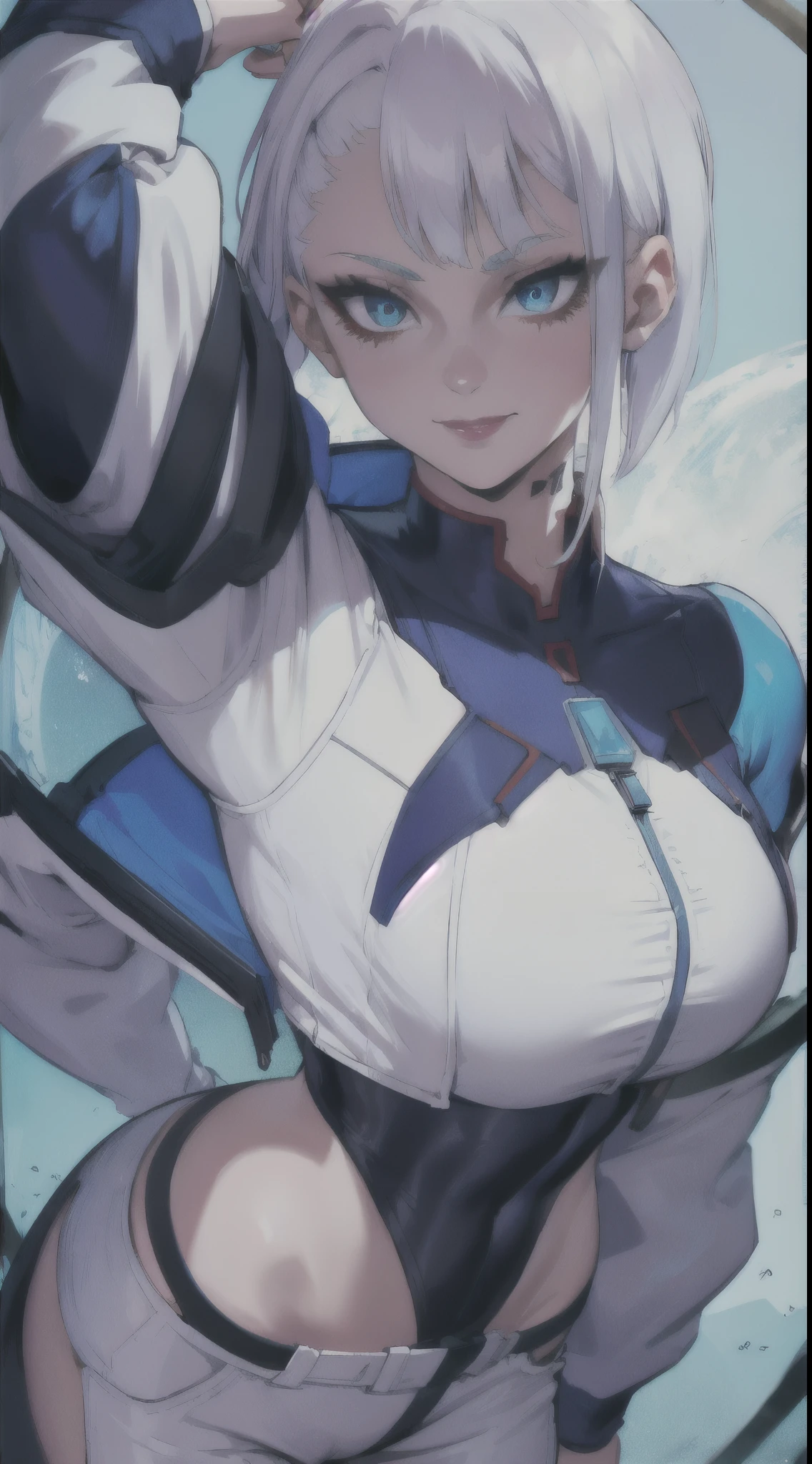 Adult woman, short white hair, high ponytail, blue eye color, White luxury jacket, pants, open breasts, blue lipstick, ssmile, Masterpiece, hiquality