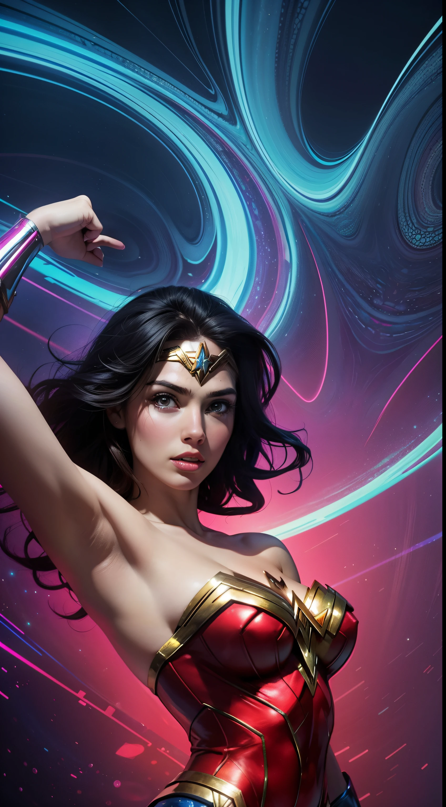 Wonder Woman (big tits) masterpiece, best quality, ((abstract, psychedelic, neon, background)),(creative:1.3), sy3, SMM, fantasy00d
