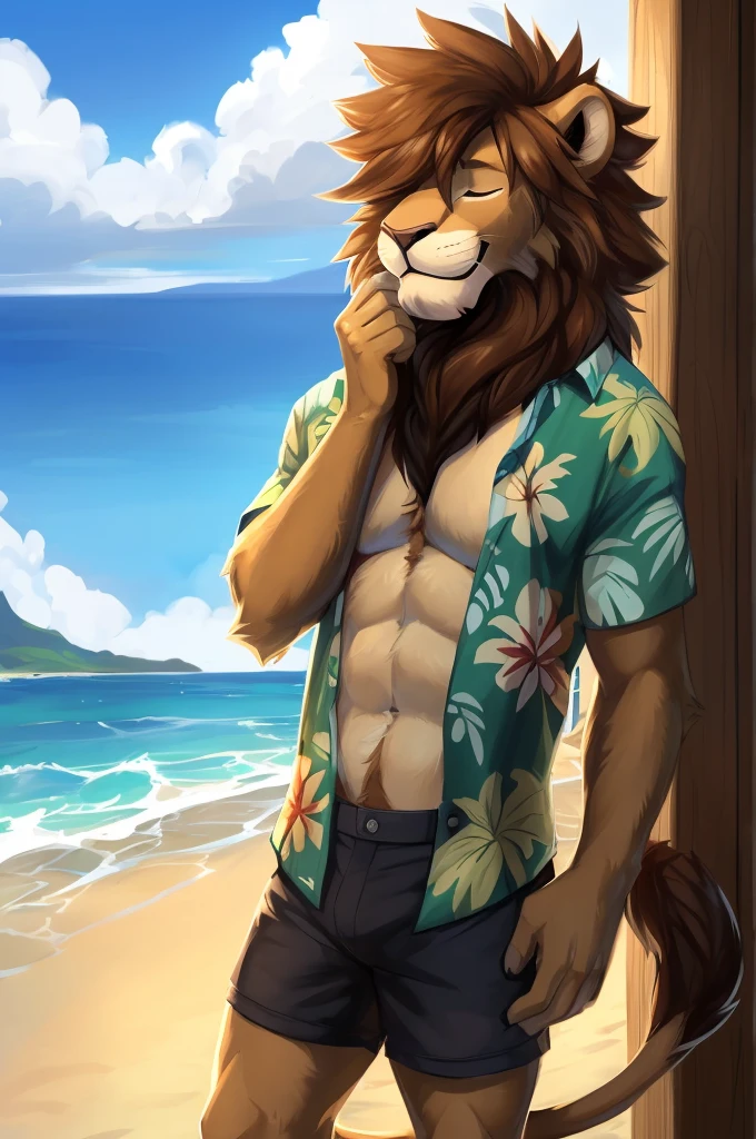 Paddle Pop lion, paddle pop begins cartoon, wears a unbuttoned white shirt, denim cargo shorts, crocs, brown mane, extremely beautiful face, muscular body, gentle look, hot, eating paddle pop ice cream, tall, slender, on beach