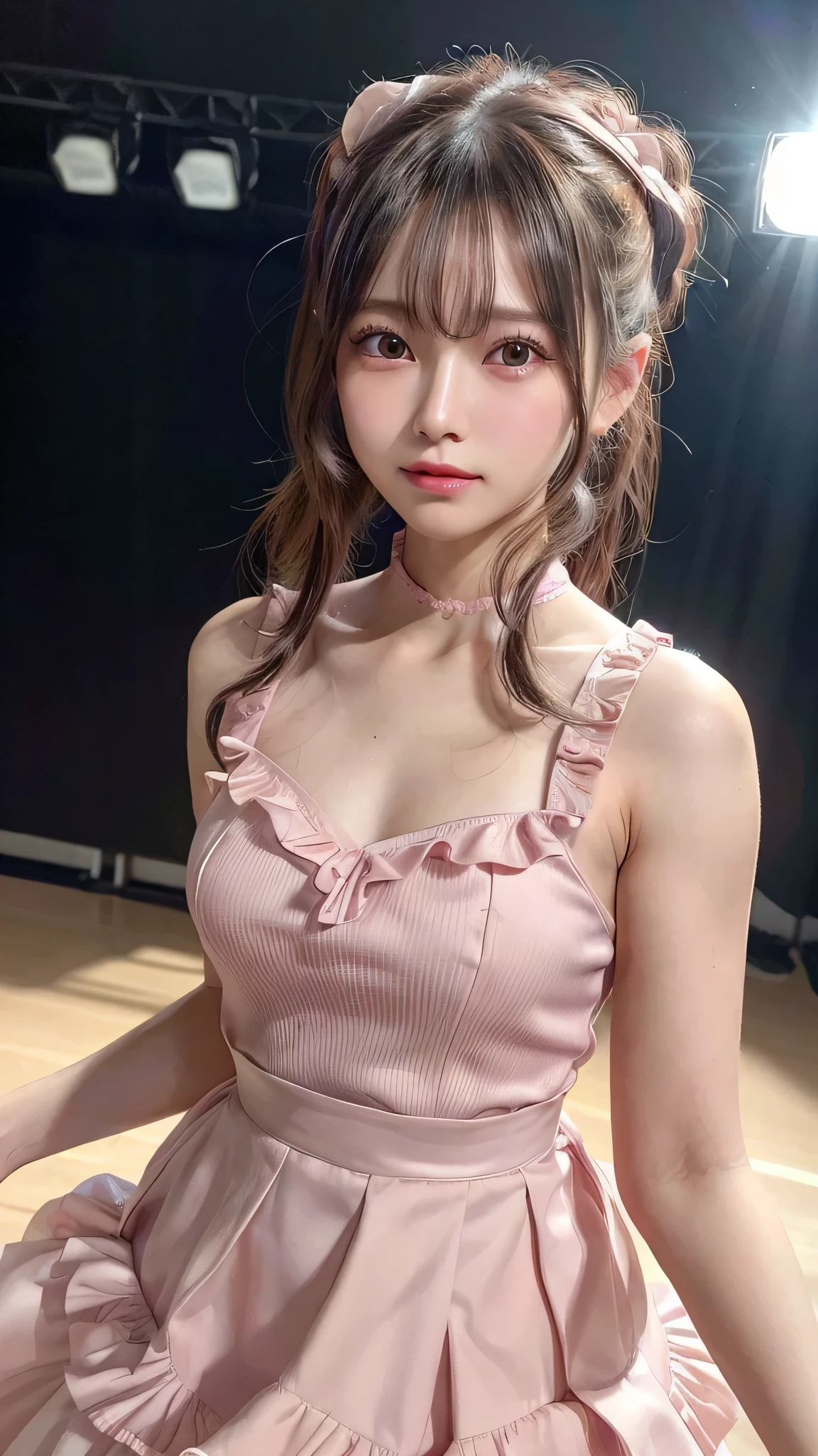 blush,small breasts,,long hair ponytail,on stage,Are standing,((8K, Raw photo, highest quality, pieces fly:1.2), (reality, realistic:1.4), (Highly detailed 8K wallpaper), written boundary depth, cinematic lighting, soft light, Details beauty eye,Shiny and smooth light brown ponytail, asymmetrical bangs, shiny skin, super dense skin ,High resolution, high detail, detailed hairstyle, Detailed beauty faces, hyper real, perfect limbs, perfect anatomy ,1 Japanese girl,famous japanese idol, perfect female body,shy smile,short eyelashes,double eyelid,look straight here,Hair style is ponytail、Long pink dress with lots of frills, soft shaped skirt, standing on stage,pink ribbon on head,She is wearing a long skirt with lots of frills..