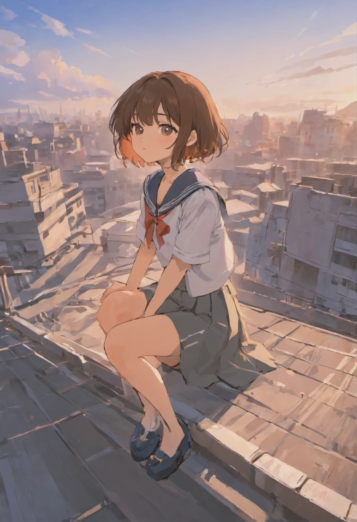 Short brown hair,White JK sailor suit short skirt girl,Sit sideways on the rooftop of the building,beautiful weather