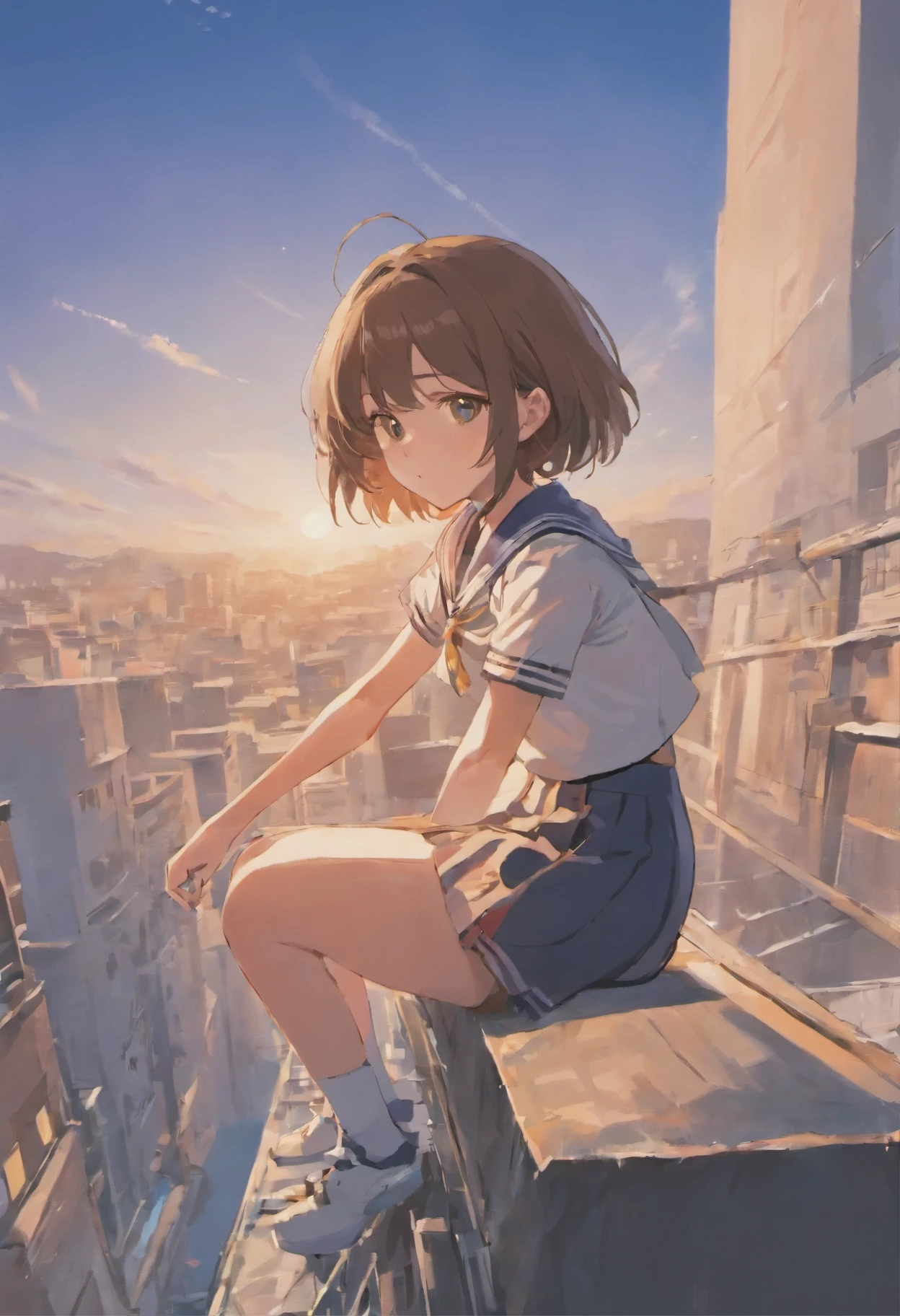 Short brown hair，White JK sailor suit short skirt girl，Sit sideways on the rooftop of the building，beautiful weather