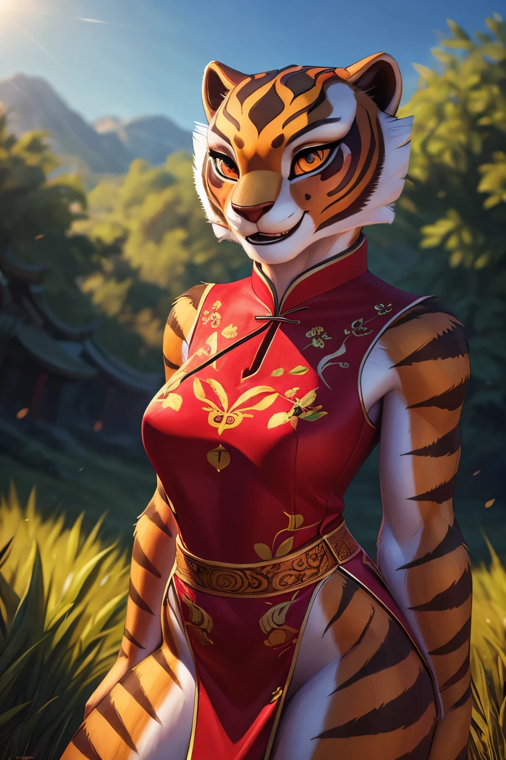 (by pixelsketcher:0.6), (by personalami :0.6), solo, female,master tigress,feline,detailed background, (cinematic lighting:1.1), (perfect focus:1.1), 8k hd, photo, (detailed eyes:1.2),depth of field, bokeh, subsurface scattering, perfect breasts, wide ,(chinese clothing), bright colors, (furry detail),detailed background, green field, green landscape,realistic, photorealistic, ultra realistic,realistic, photorealistic,smile,(fur),(realistic furry:1.1),(tail), (extreme furry detail:1.2)