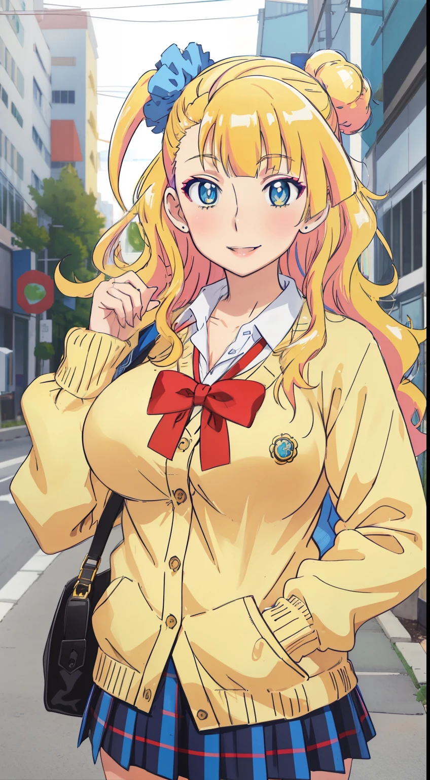  girl１people, galko,Galko,blonde cardigan,blake blue skirt, plaid, plaid skirt,smile, big breasts,natural lip,skin luster,looking at the viewer, in the center of the image,Show up to your knees,１in people,
highest quality, High resolution, beautiful eyes, highly detailed face, Detailed CG, 