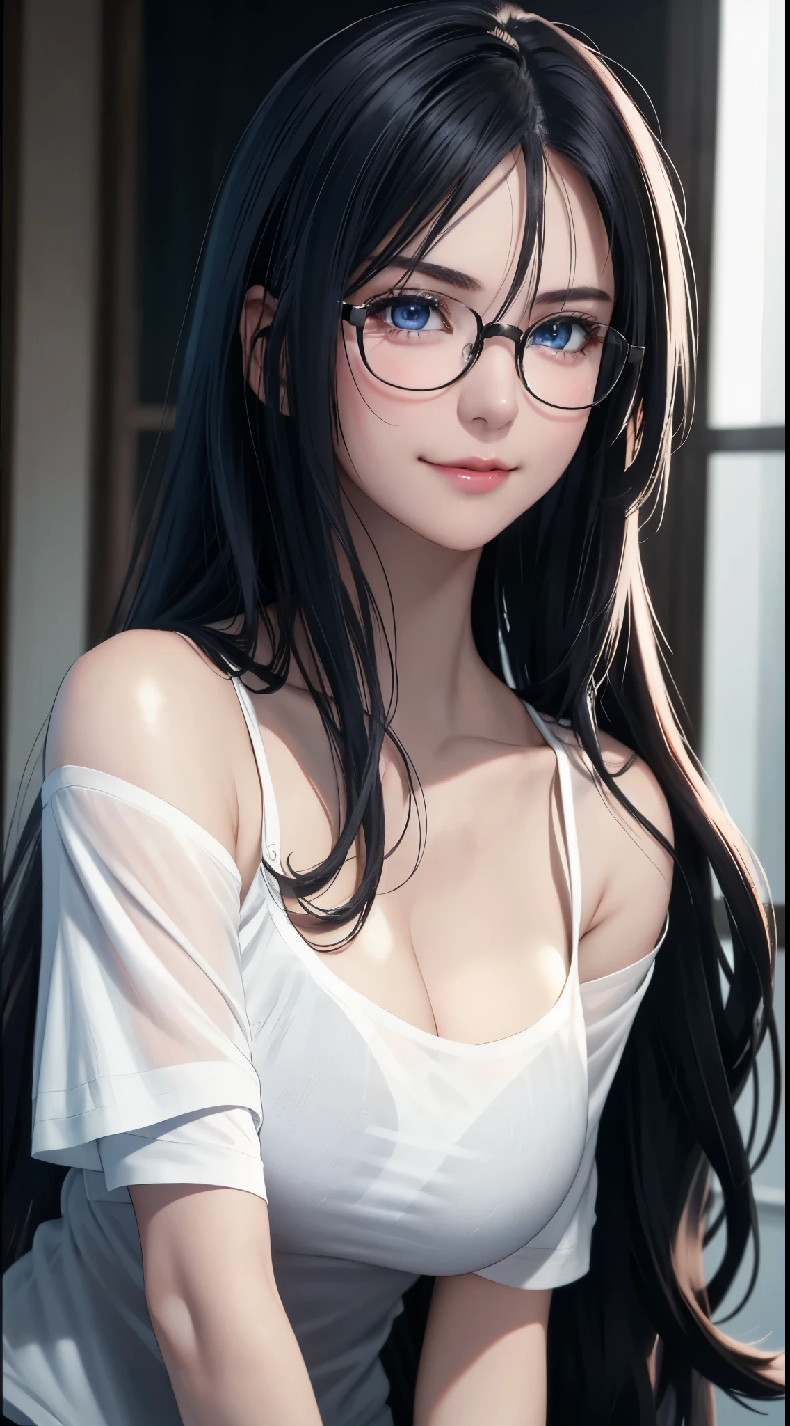 Best Quality, Ultra High Resolution, (Photorealistic: 1.4), Beautiful Eyes, Super Beautiful, Very long black Hair, Beautiful, Sweetheart, oversized white T-shirt with Rough Chest, blue Eyes That Invite Viewer, glasses, Lover's Perspective, Inviting Expression, Sexy Smile, Perfect Style, Perfect Balance, Detailed Skin, Naughty Gaze, Chest Visible,face focus,