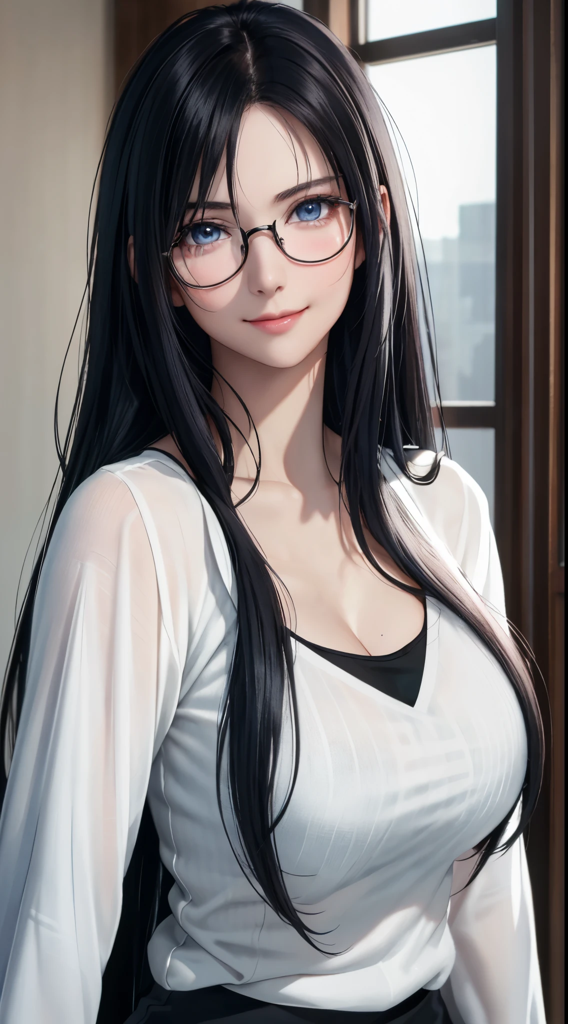 Best Quality, Ultra High Resolution, (Photorealistic: 1.4), Beautiful Eyes, Super Beautiful, Very long black Hair, Beautiful, Sweetheart, oversized white T-shirt with Rough Chest, blue Eyes That Invite Viewer, glasses, Lover's Perspective, Inviting Expression, Sexy Smile, Perfect Style, Perfect Balance, Detailed Skin, Naughty Gaze, Chest Visible,face focus,