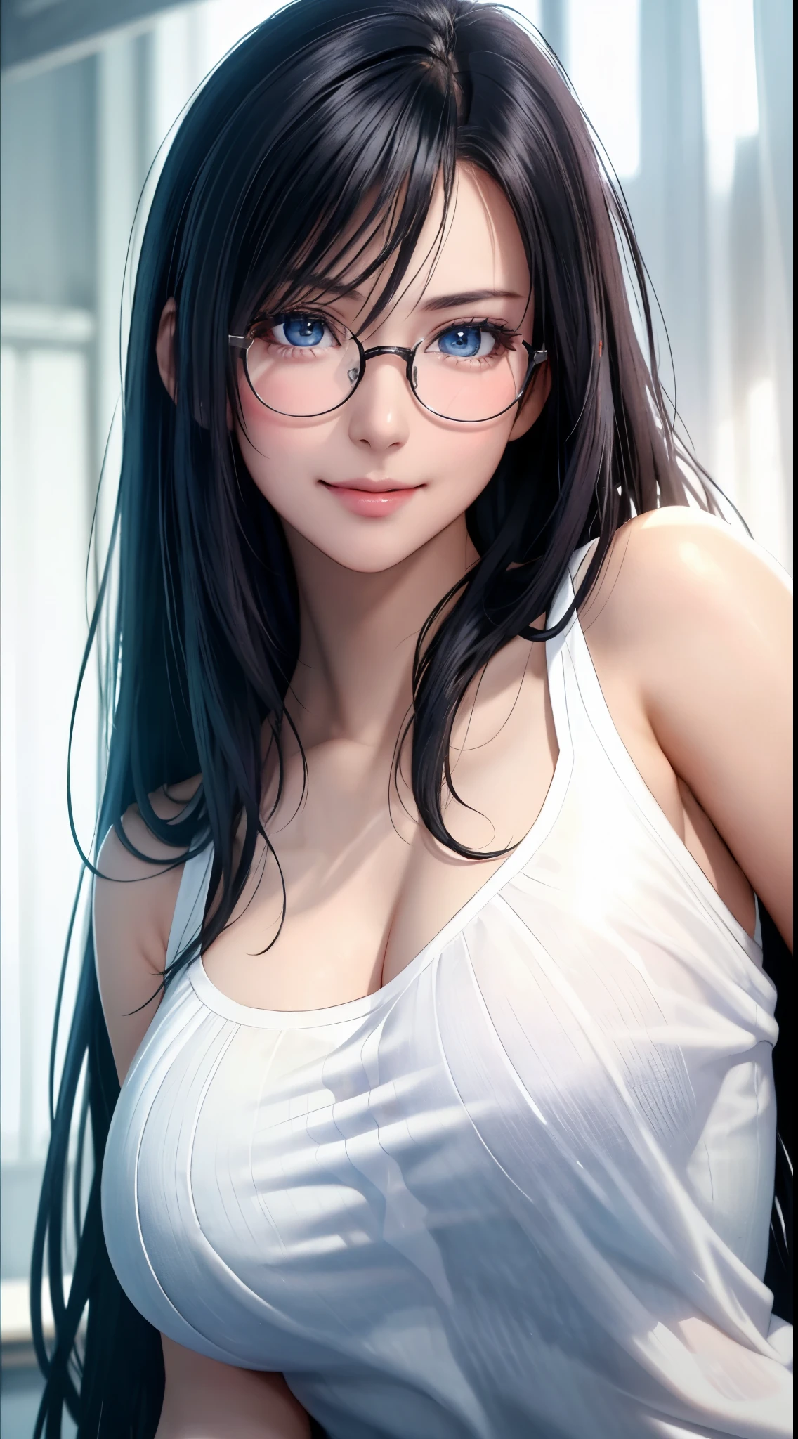 Best Quality, Ultra High Resolution, (Photorealistic: 1.4), Beautiful Eyes, Super Beautiful, Very long black Hair, Beautiful, Sweetheart, oversized white T-shirt with Rough Chest, blue Eyes That Invite Viewer, glasses, Lover's Perspective, Inviting Expression, Sexy Smile, Perfect Style, Perfect Balance, Detailed Skin, Naughty Gaze, Chest Visible,face focus,