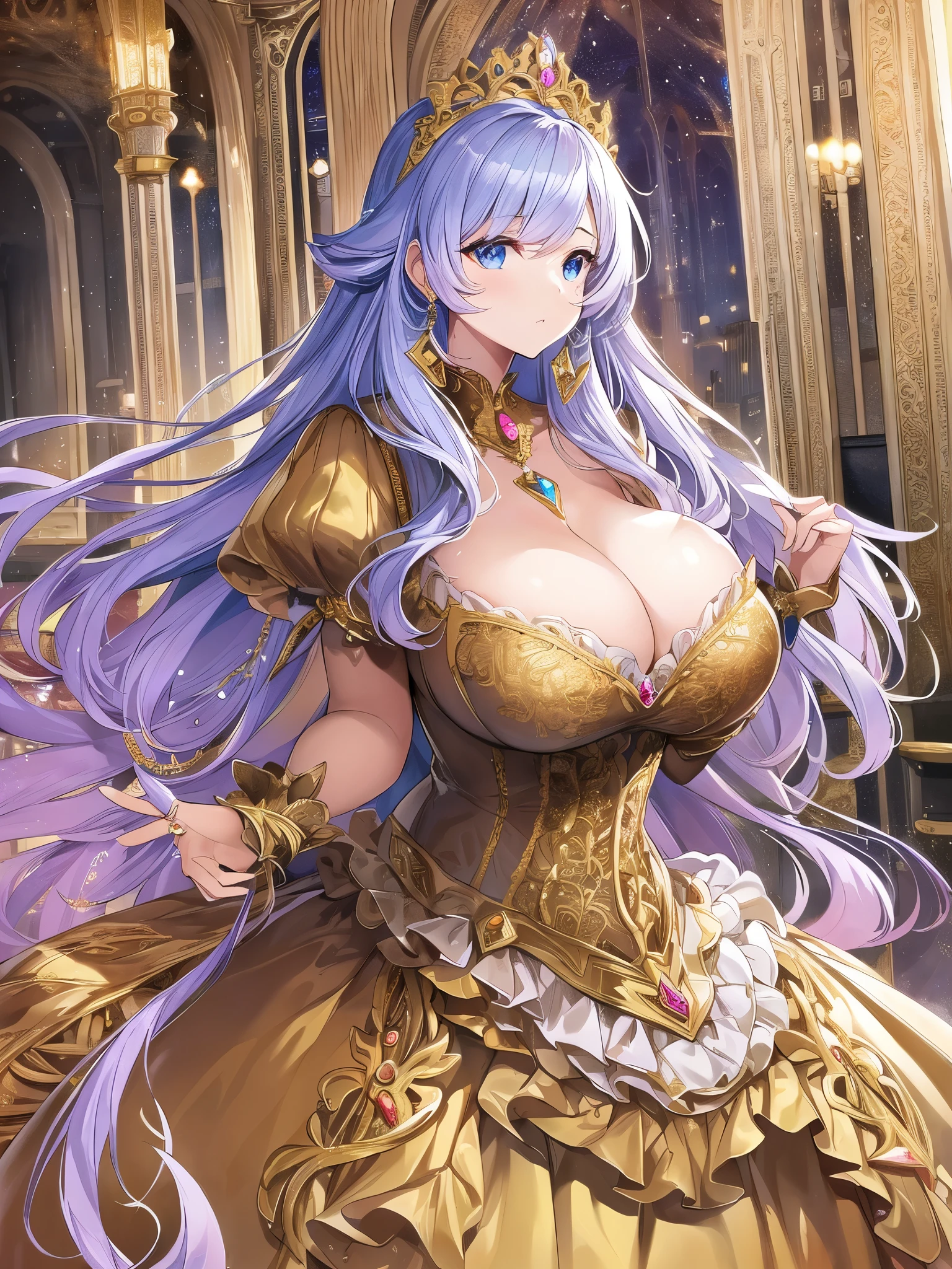 moe manga artstyle,cinematic lighting,((game cg)),Masterpiece,Best Quality,Super Detail,Very Delicate and Beautiful,Solo,full body,full body portrait,((1 gorgeous rococo princess)),detailed face and eyes,jewel-like eyes,(((very very gigantic tits,cleavage,curvy))),Skindentation,((fantasy castle,outdoor)),((crinoline,long train)),super detailed gorgeous princess rococo ballgown with voluminous full length hoop skirt and long train,((gorgeous princess rococo ballgown with beautiful embroidery and jeweled)),((large amount of straight hair,extremely voluminous Very Long Hair,Very Long Straight Hair)),extremely gorgeousfull hair ornament,bling-bling extremely gorgeousfull jeweled tiara,luxurious jewelry,full body,,((gorgeous princess rococo ballgown with voluminous full length hoop skirt))