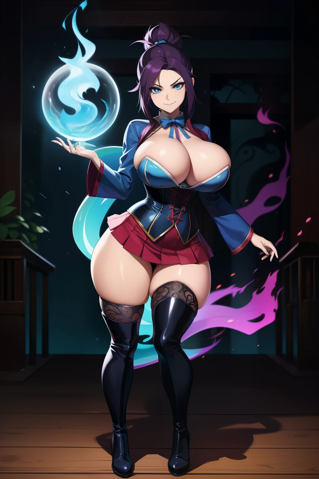 blue fire, yokai flames, mystical power, spirits, swirling fire, 20 year old woman, busty, bubble butt, hourglass figure, skinny, standing, smirk, confident expression wearing black laced corset, blue pleated skirt, black knee high boots