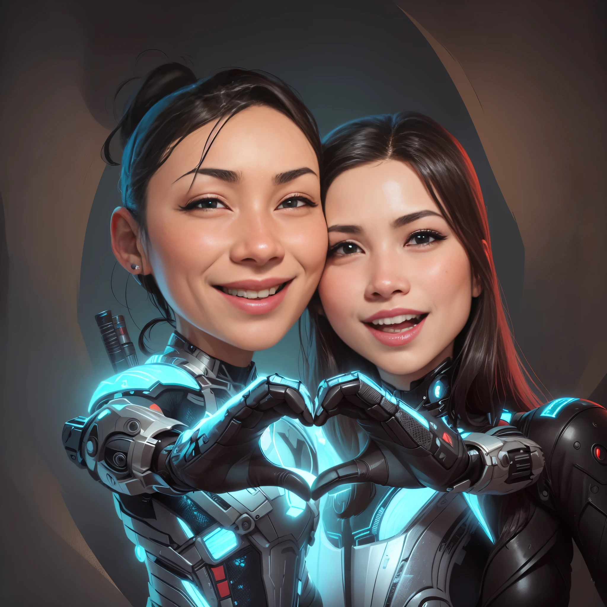 arafed couple in love with a robot caricature, wonderful, caricature illustration, cyborgs, digital art cartoon, couple, professional artwork, cartoon digital art, professional illustration, chibi, robot cyborgs, augmented cyborgs, cartoon artstyle, cartoon art, couples portrait, asian, couple portrait, blue cyborg, high quality portrait, tech art, cybersuits