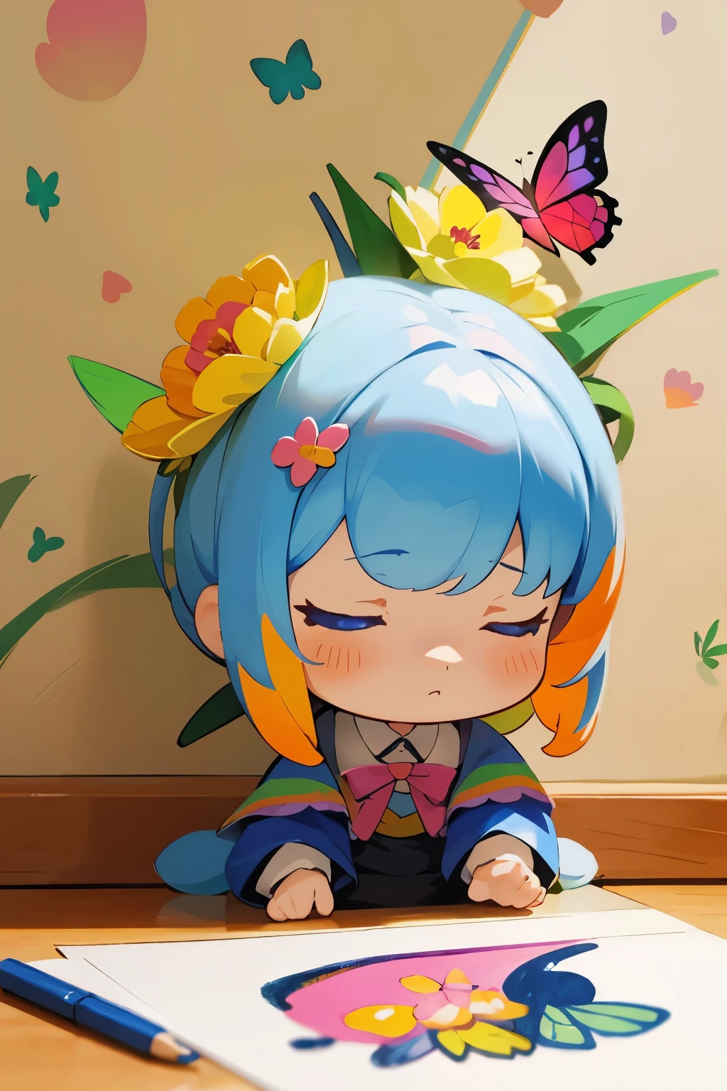 The following scenes will be expressed using chibi girl dolls.(Photoreal、A girl is drawing pictures of tulip flowers and butterflies on the wall with crayons.、The picture is a child's doodle, but it's very colorful.)