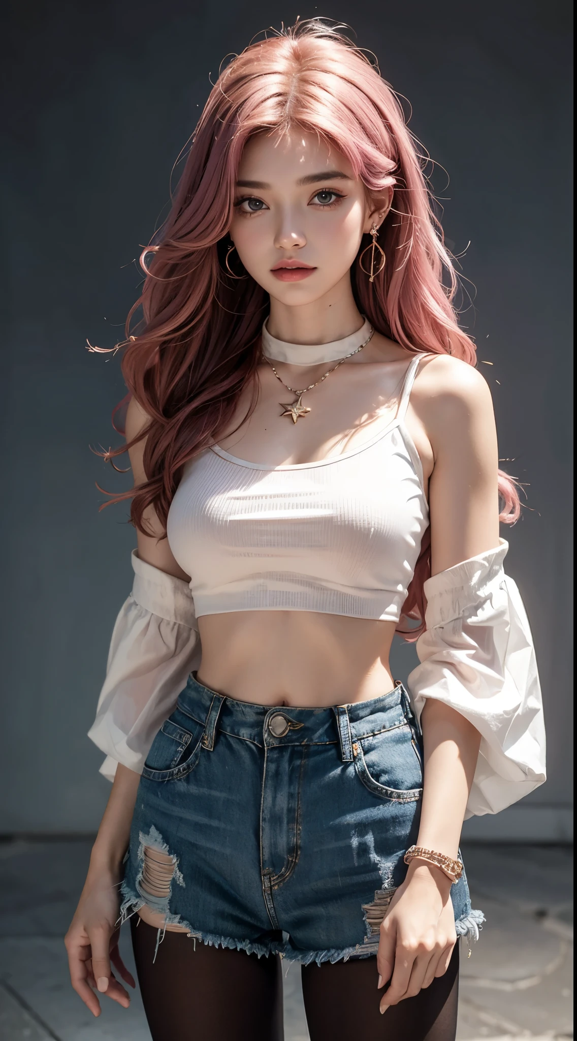 masterpiece, best quality,portrait of 1girl1girl, solo, jewelry, star (symbol), earrings, crop top, necklace, shorts, long hair, midriff, cowboy shot, pantyhose, detached sleeves, pink hair, star print, shirt, breasts, bare shoulders, star earrings, turtleneck, wavy hair, sleeveless, curly hair, short shorts, white shirt,simple background, bjg breast