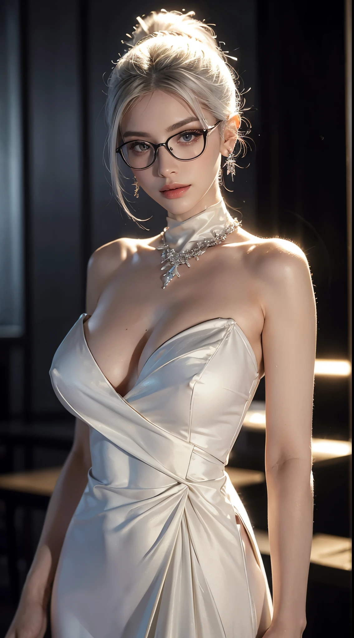 masterpiece, best quality, illustration, ponytail white hair, Platinum Earrings, Platinum Necklace, White evening dress, High neck clothes,Not showing breasts, huge breasts,1 girl, Lovely, (dynamic lighting:1.2), Cinema lighting, Exquisite facial features, Delicate red eyes, Wear half-rimmed glasses(focus),sharp pupils, realistic student, depth of field, Bokeh, sharp focus, (Super detailed, bloom, glow:1.4)