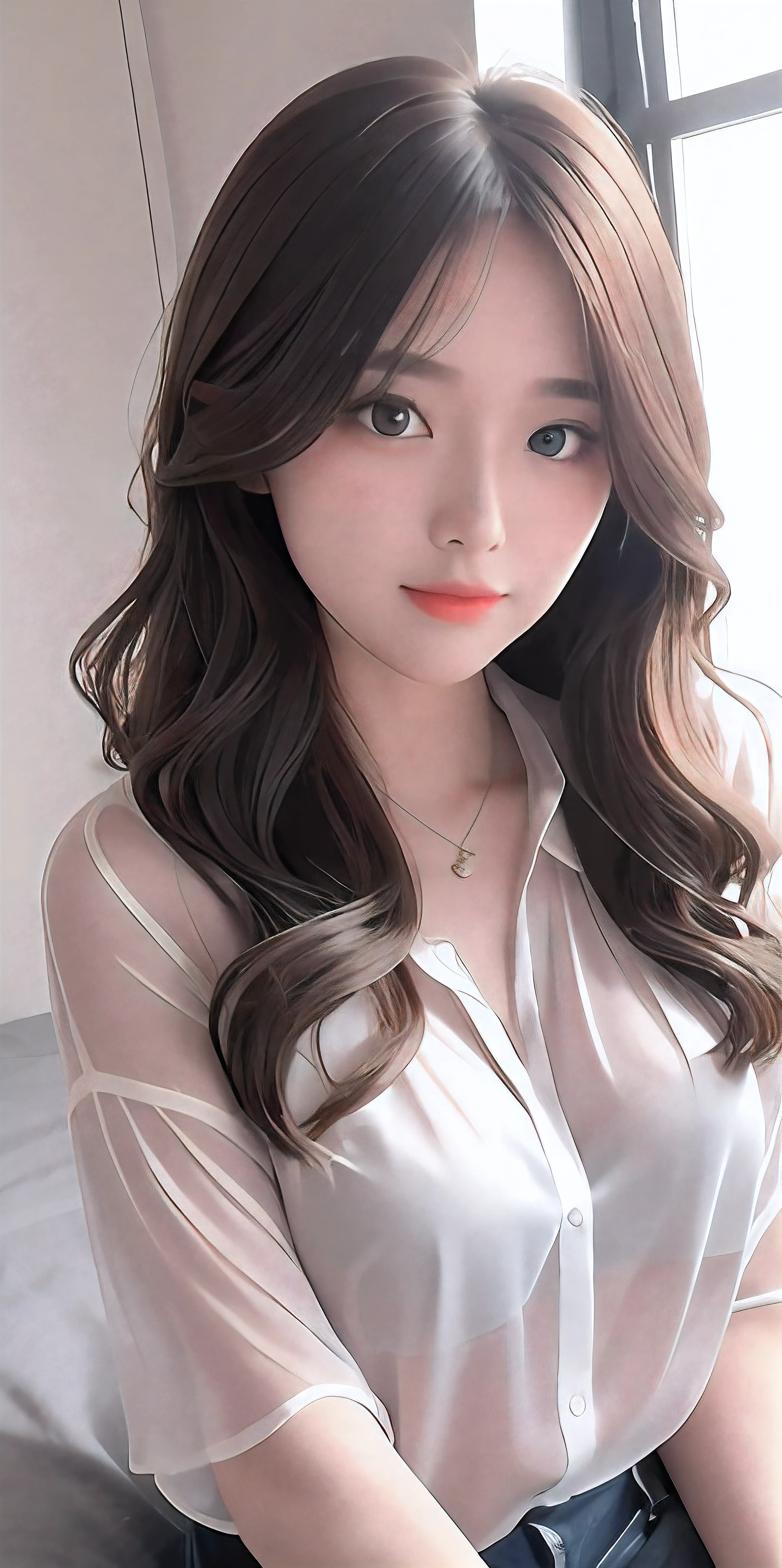 One girl sitting on the windowsill、mix 4、Unbuttoned see-through shirt blouse、pillow、lips、open your mouth、realistic、photograph_\(curly\)、alone、(masterpiece)、(Photoreal:1.3)、Super detailed、(advanced details)skin:1.2)、(highest quality:1.0)、(ultra high resolution:1.0)、(Ulzzang-6500:0.3)、wavy thin hair、hair length、Light of the sun、(Beautiful and detailed makeup)、(sexual excitement、blush、heavy breathing:1.0) )、、(soft glove room:0.5)、No bra、big and full breasts