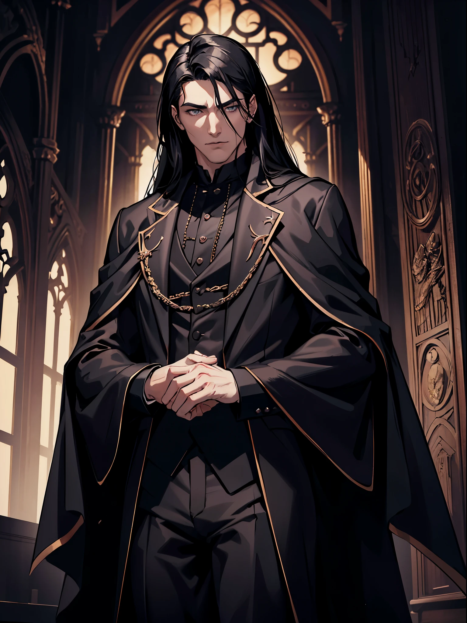 (highres,photorealistic:1.2),handsome man with a captivating gaze stands in a gothic castle. He has long, black hair and piercing grey eyes that exude intensity. His eyes are intricately detailed, drawing attention to their mesmerizing beauty. The man has a vampire-like appearance, with his long hair flowing effortlessly. He wears a dark suit, consisting of black pants, a black cloak, a black shirt, and a black coat, which adds to his mysterious allure. In the background, there is a vague red vapor, creating an eerie atmosphere around him. The gothic castle further enhances the dark and enigmatic ambiance, resembling the residence of an evil lord. This masterpiece artwork showcases the essence of realism, with ultra-detailed features and a photorealistic style.