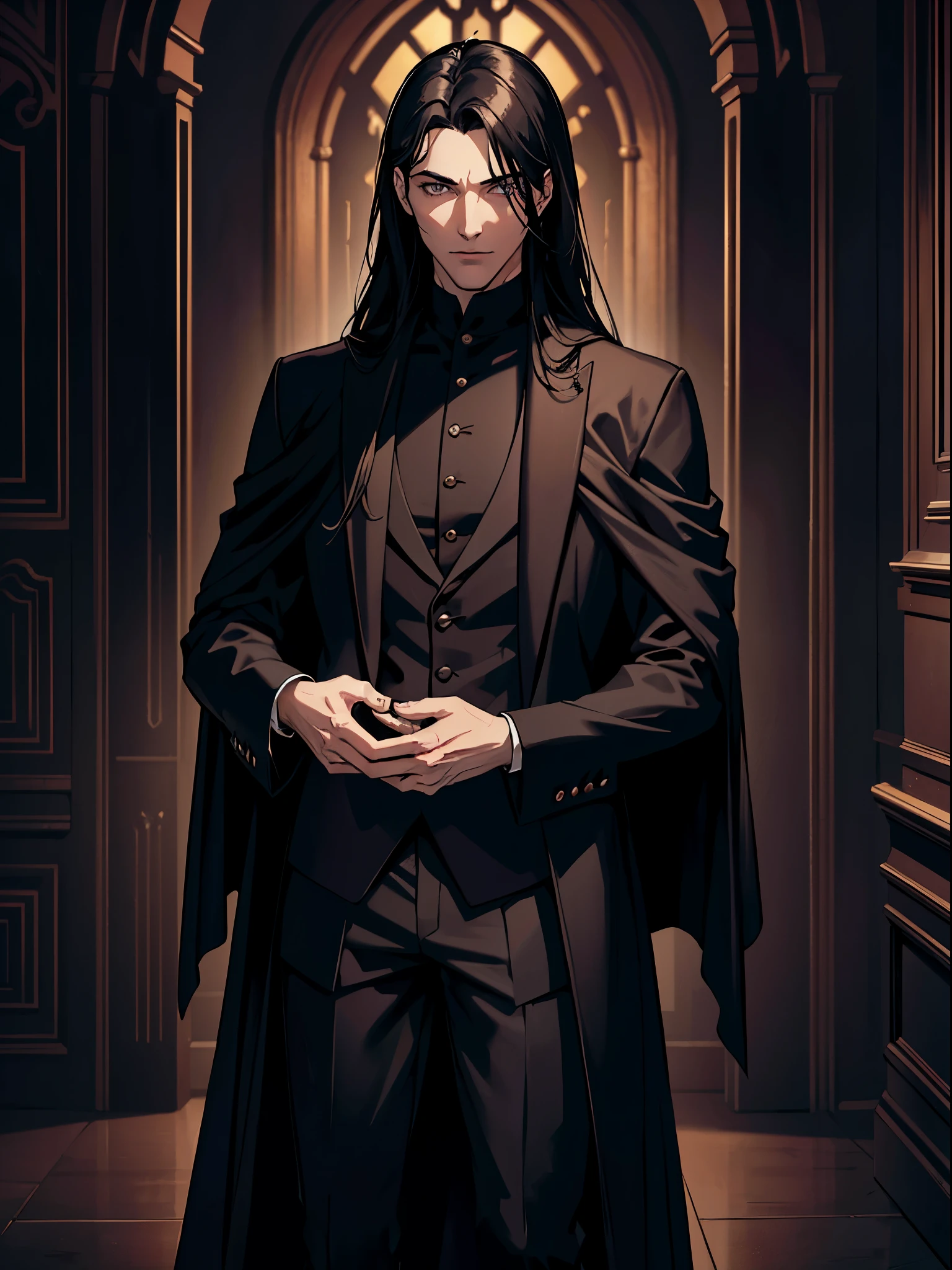 (highres,photorealistic:1.2),handsome man with a captivating gaze stands in a gothic castle. He has long, black hair and piercing grey eyes that exude intensity. His eyes are intricately detailed, drawing attention to their mesmerizing beauty. The man has a vampire-like appearance, with his long hair flowing effortlessly. He wears a dark suit, consisting of black pants, a black cloak, a black shirt, and a black coat, which adds to his mysterious allure. In the background, there is a vague red vapor, creating an eerie atmosphere around him. The gothic castle further enhances the dark and enigmatic ambiance, resembling the residence of an evil lord. This masterpiece artwork showcases the essence of realism, with ultra-detailed features and a photorealistic style.