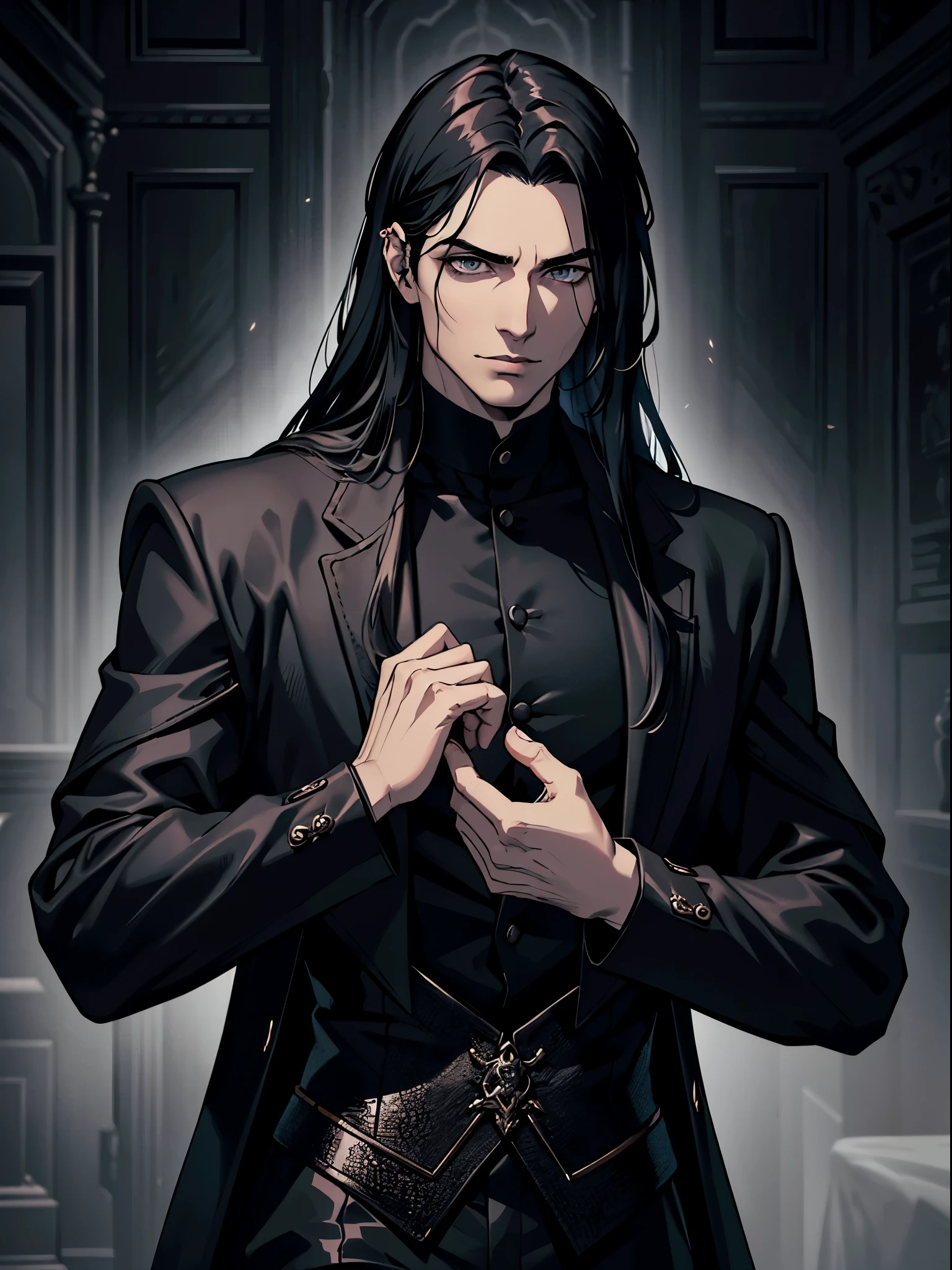 (highres,photorealistic:1.2),handsome man with a captivating gaze stands in a gothic castle. He has long, black hair and piercing grey eyes that exude intensity. His eyes are intricately detailed, drawing attention to their mesmerizing beauty. The man has a vampire-like appearance, with his long hair flowing effortlessly. He wears a dark suit, consisting of black pants, a black cloak, a black shirt, and a black coat, which adds to his mysterious allure. In the background, there is a vague red vapor, creating an eerie atmosphere around him. The gothic castle further enhances the dark and enigmatic ambiance, resembling the residence of an evil lord. This masterpiece artwork showcases the essence of realism, with ultra-detailed features and a photorealistic style.