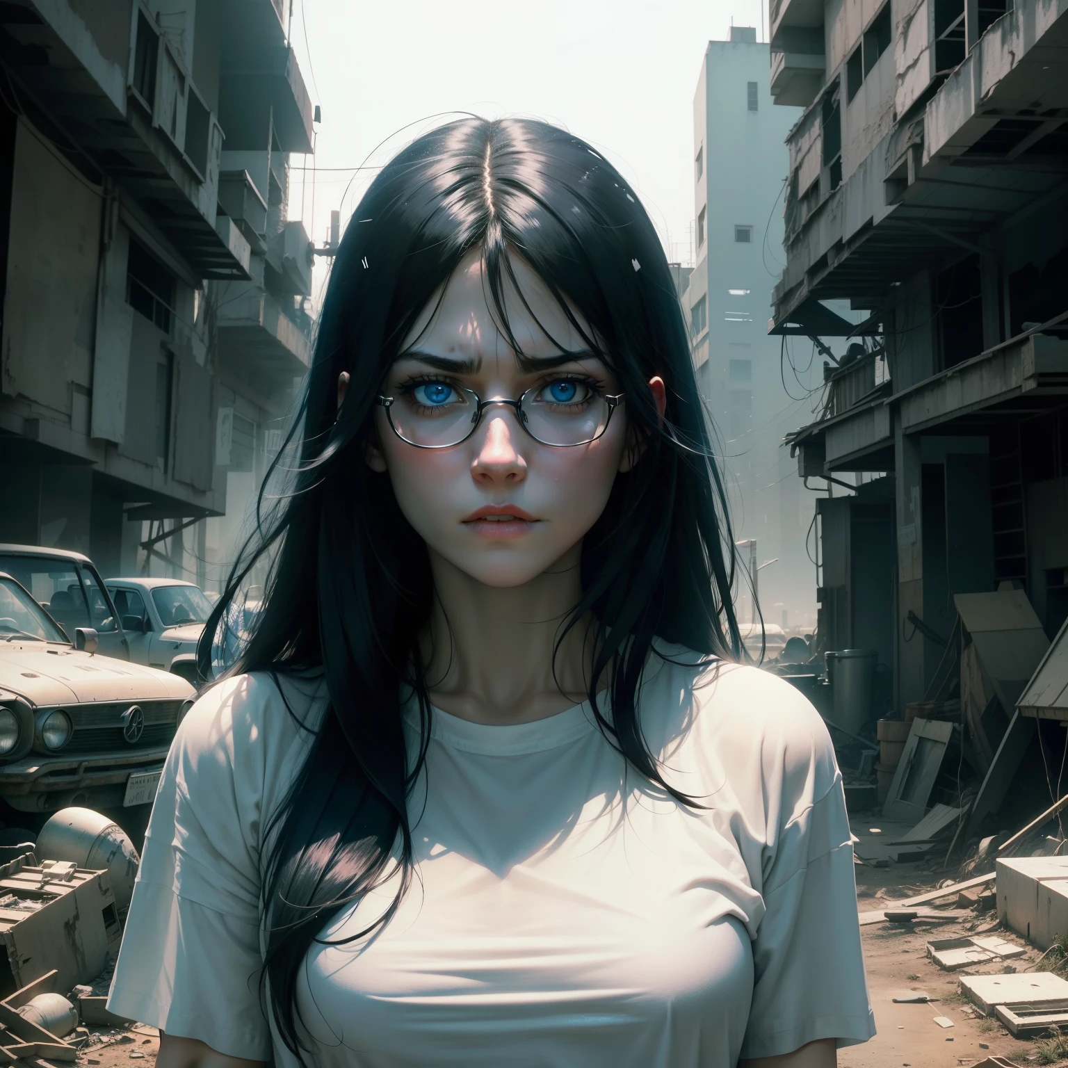 

A scared-looking woman with straight beautiful long black hair and blue
 eyes. She uses glasses. She only wears a white oversized t‐shirt. Her physique was well-proportioned. Her features were afraid and sad, adding to her overall air melaconllie. The scene was captured in stunning detail, with High Quality Detail, Cinematic Light, wasteland ,abandoned