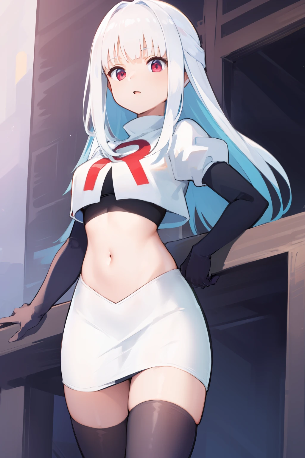 1 young and gorgeous girl, masterpiece, best quality, 8k uhd, ultra high res, simple background, team rocket,team rocket uniform, red letter R, white skirt,white crop top,black thigh-highs,black elbow gloves