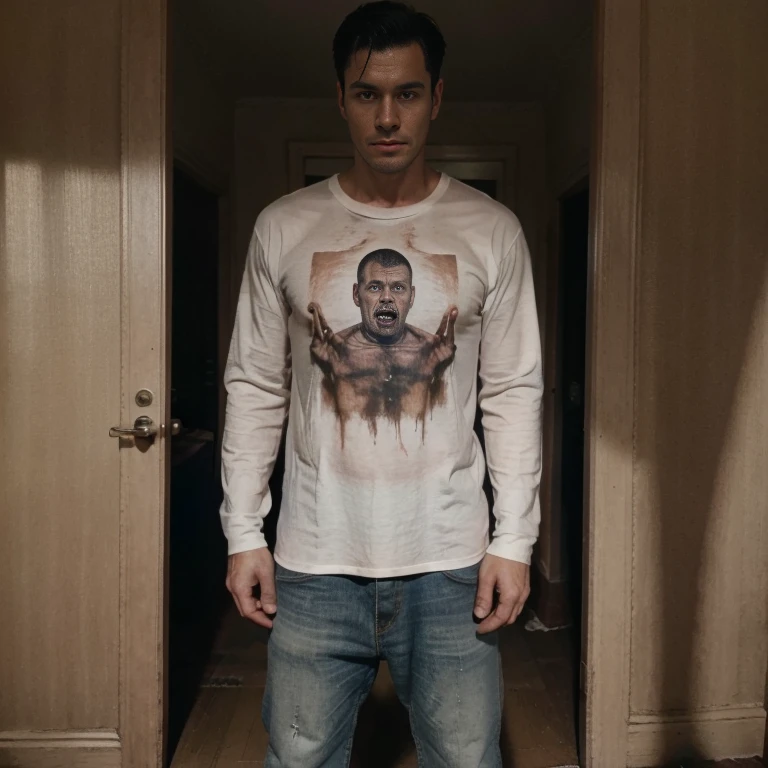 tem um homem parado na frente de uma tv, technoviking male with sem camisa, sem camisa, pose, vestindo uma toalha, capturar, vazou footage, topless, de um sem camisa, vazou, gif, photoshoot, Sam Hyde, torso de Kanye West, vin diesel com barriga, grosso, ainda de um videoclipe, filmagem vhs