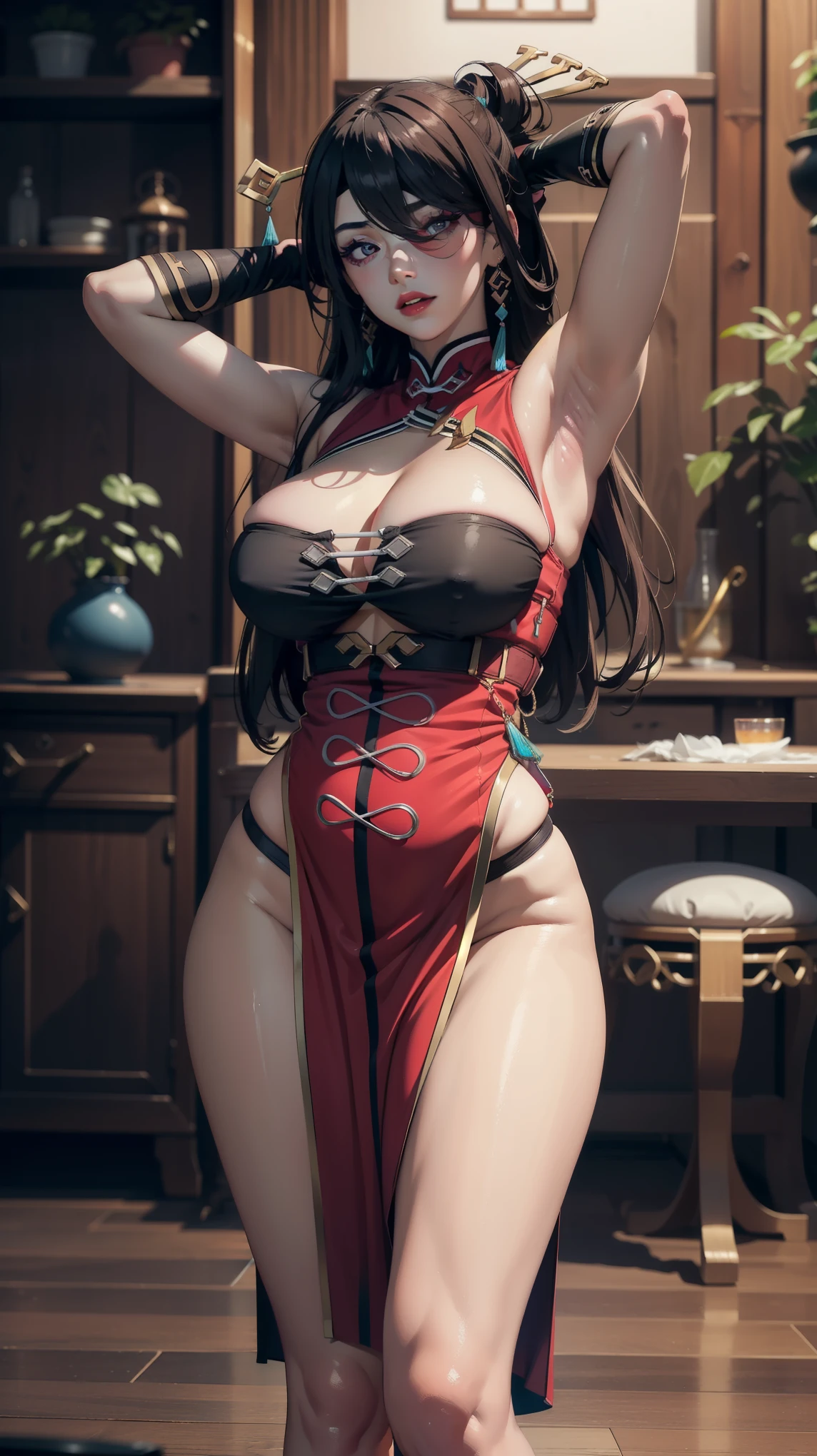 ((masterpiece)),(bestquality),((ultra-detailed)), ((beautiful detailed face)), depth of field,detailed,((beautiful detailed eyes)), red lip, perfect body,eyeshadow,gigantic breast, ((beidou)), (cleavage), (indoors:1.5) , full body, standing, (erotic), (exposed armpits:1.2), hand behind head