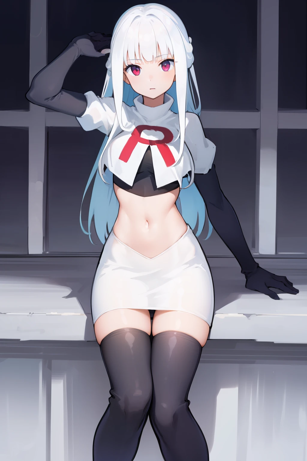 ung and gorgeous girl, masterpiece, best quality, 8k uhd, ultra high res, simple background, team rocket,team rocket uniform, red letter R, white skirt,white crop top,black thigh-highs,black elbow gloves