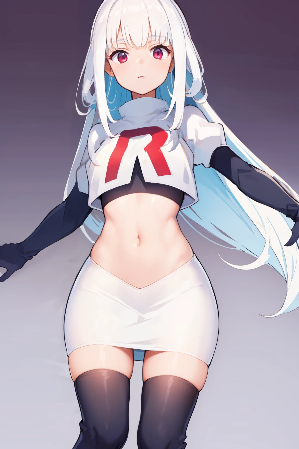 1 young and gorgeous girl, masterpiece, best quality, 8k uhd, ultra high res, simple background, team rocket,team rocket uniform, red letter R, white skirt,white crop top,black thigh-highs,black elbow gloves
