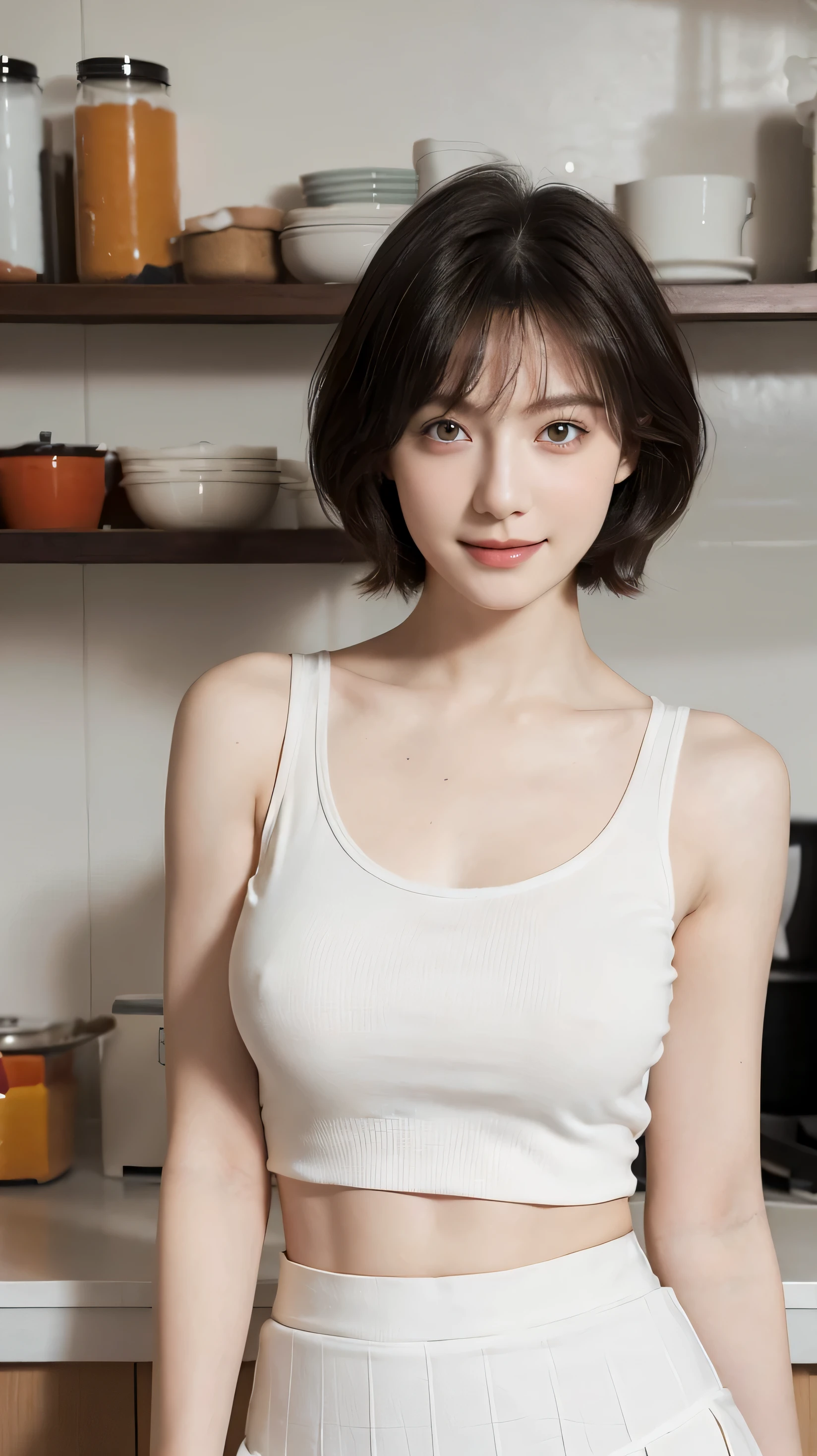 young girl, short hair, beautiful eyes, perfect beauty, white skin, pale skin, textured skin, pale lips, orange eyes, ((in the kitchen)), big breast, huge breast, ((tank top and skirt)), dynamic poses, seductive poses, smiling, beautiful eyes, beautiful face, perfect body, perfect face, realistic, ultra realistic