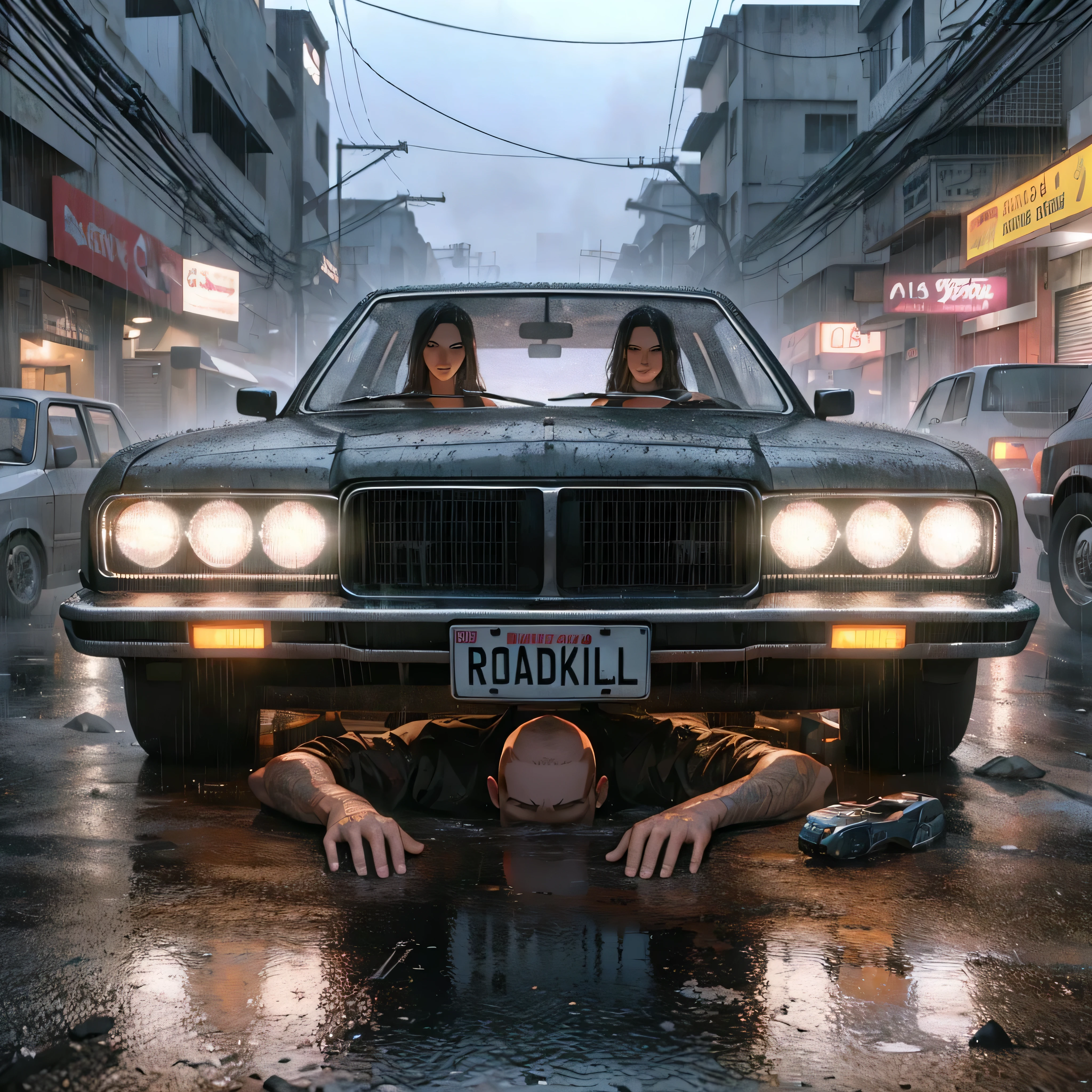 sharp man lying on the ground in front of a car with license plate, arte conceitual escura fotorrealista, dia chuvoso. game render, arte conceitual fotorrealista, arte conceitual ultra realista, estilo cyberpunk hiper-realista, daniel maidman octane renderinging, arte conceitual altamente realista, Simon Stellenhag. Arte digital, octanagem cgsociety, ((octane rendering))
