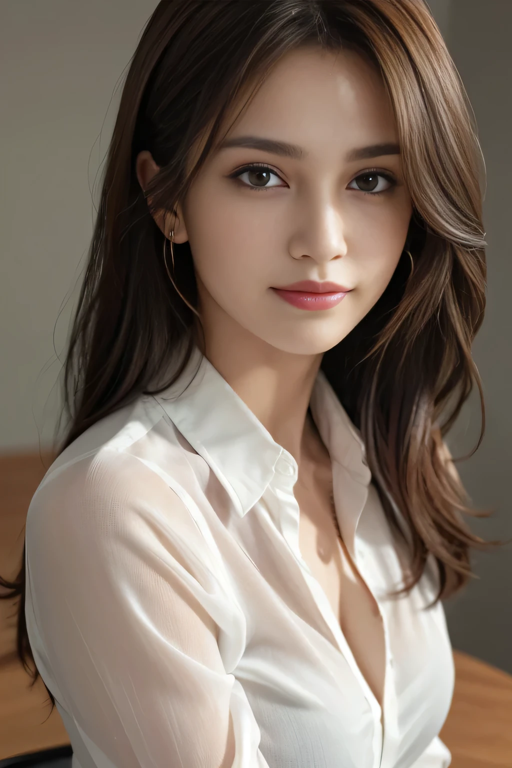 table top, highest quality, realistic, Super detailed, finely, High resolution, 8k wallpaper, 1 beautiful woman,, light brown messy hair, He is wearing a black see-through dress shirt with an open collar..., sharp focus, perfect dynamic composition, beautiful and detailed eyes, thin hair, Detailed realistic skin texture, smile, close-up portrait, model body shape