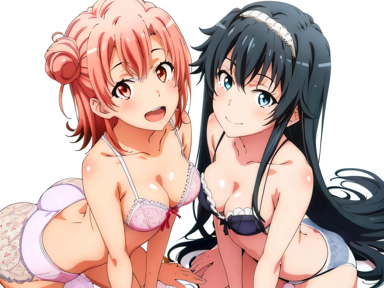 2 girls , Yukinoshita Yukino , yuigahama yui'My breasts and butt feel good..., waltz dance , In underwear,raise your legs,whole body,white silk panties,Pink silk panties,thighs,high angle,smile,beautiful eyes,Clear eye color,