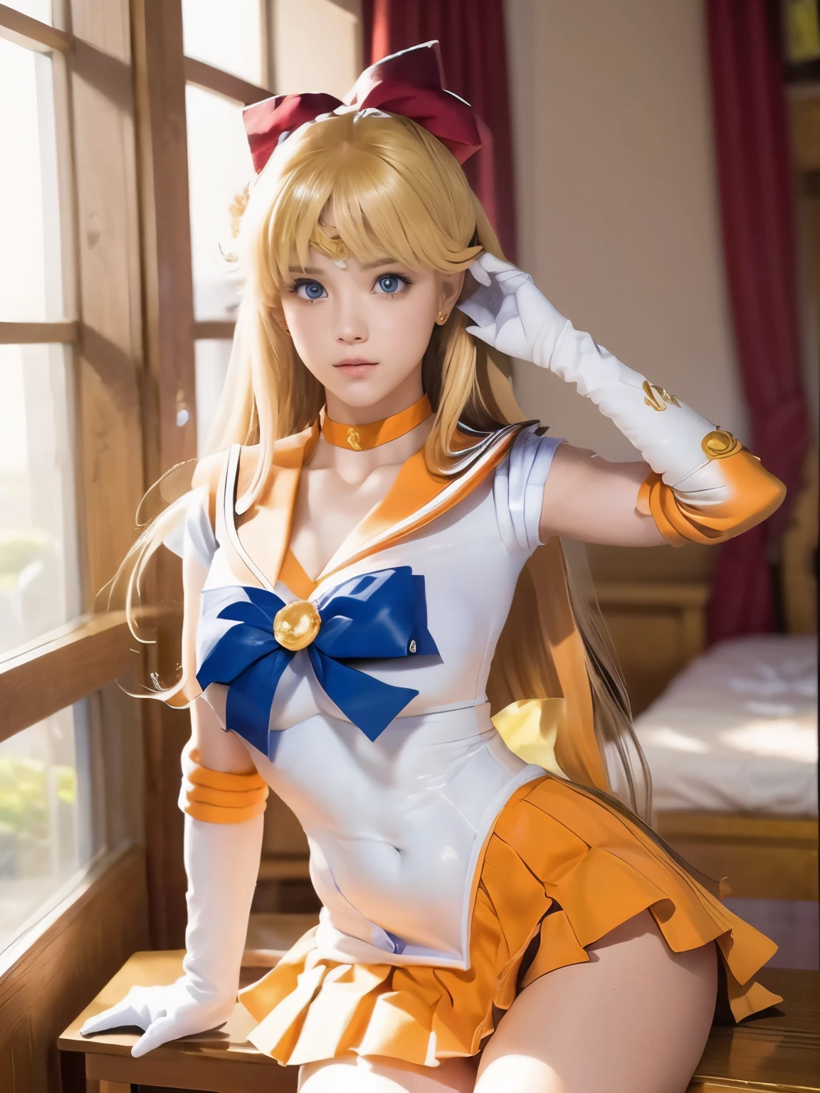 best image quality, High resolution, Venus 1, ((Japanese  female)),solo, sailor warrior uniform, white panties、sailor venus:1.3, white panties、Aino Minako, blonde, Magic , blue eyes, orange skirt, elbow gloves,first round, pleated skirt, ribbon, orange sailor color, orange mini skirt:1.3, choker, 赤いribbon, オレンジchoker