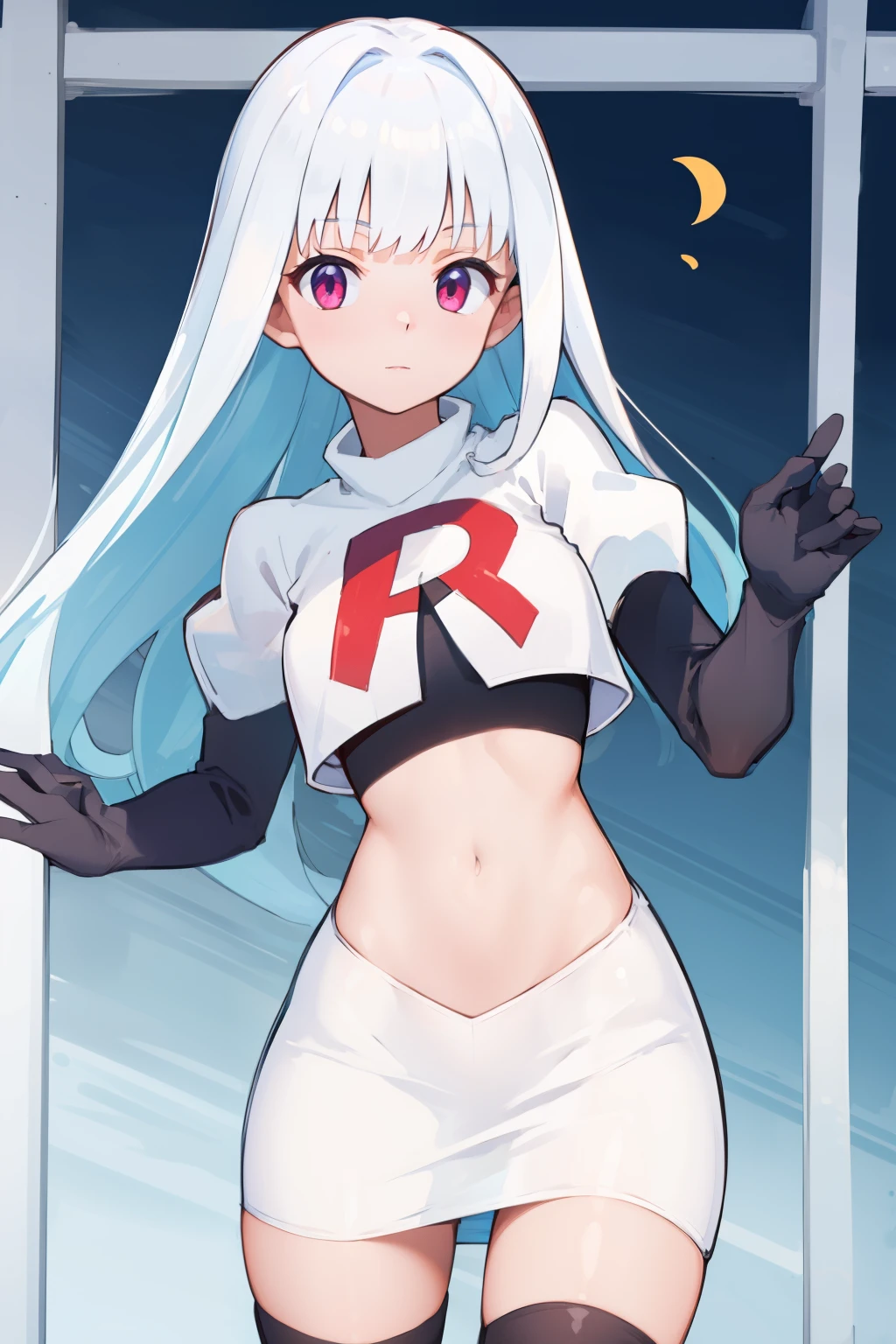 1 young and gorgeous girl, masterpiece, best quality, 8k uhd, ultra high res, simple background, team rocket,team rocket uniform, red letter R, white skirt,white crop top,black thigh-highs,black elbow gloves