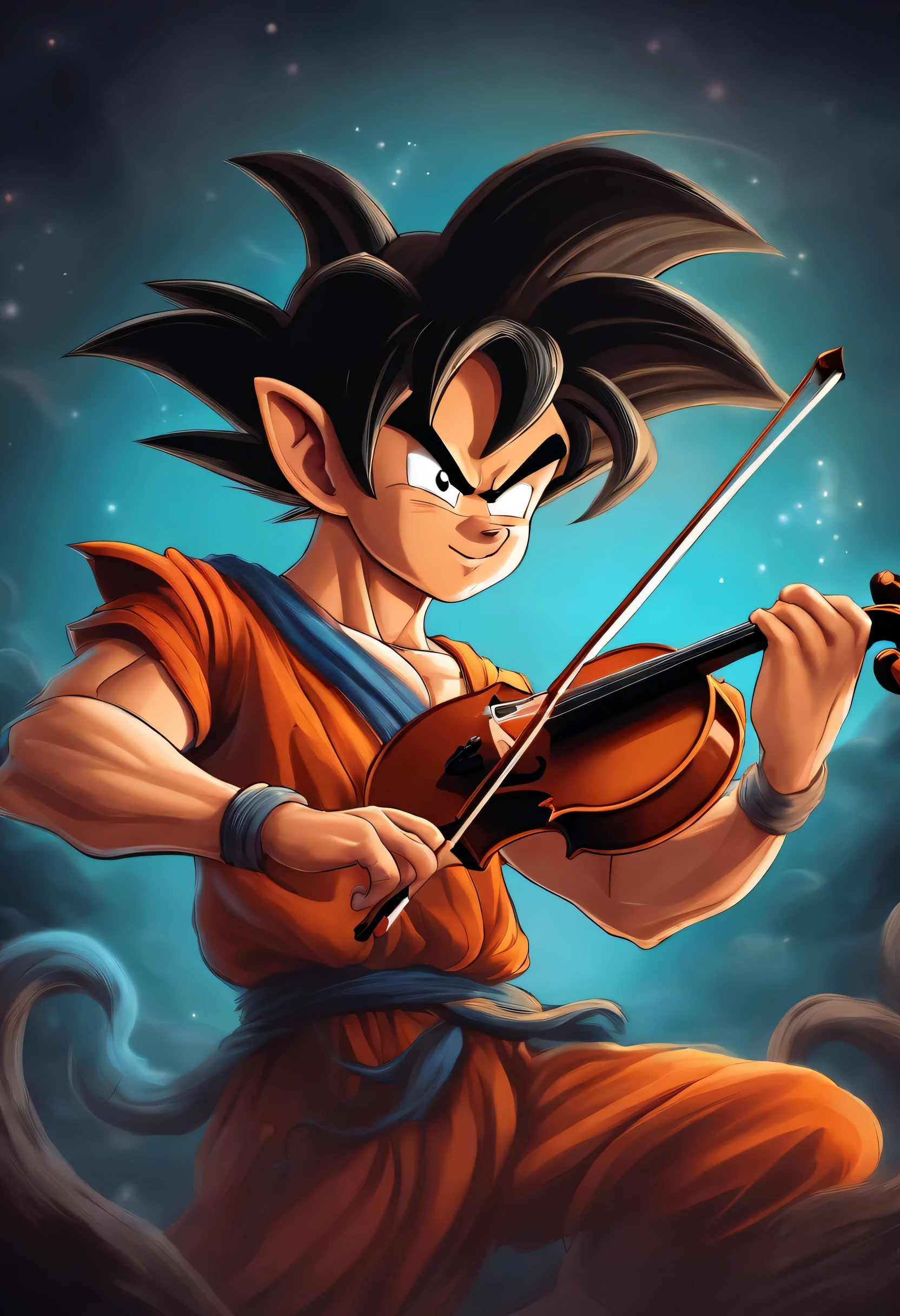 caricature of the Goku playing violin in the style of fantasy digital artwork