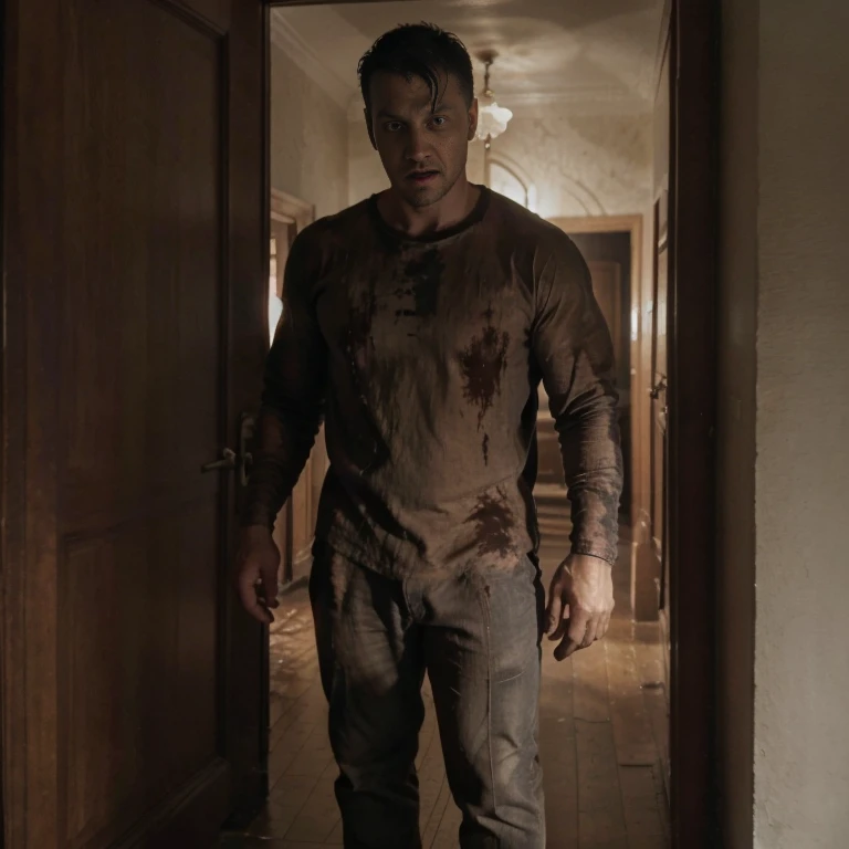 Handsome man in haunted house , horror, nsfw , evil spirit , horrible , terrifying , torned shirt , 16k , uhl , details face , details  , full length shit (fls) , full body seen , ghost , bloody