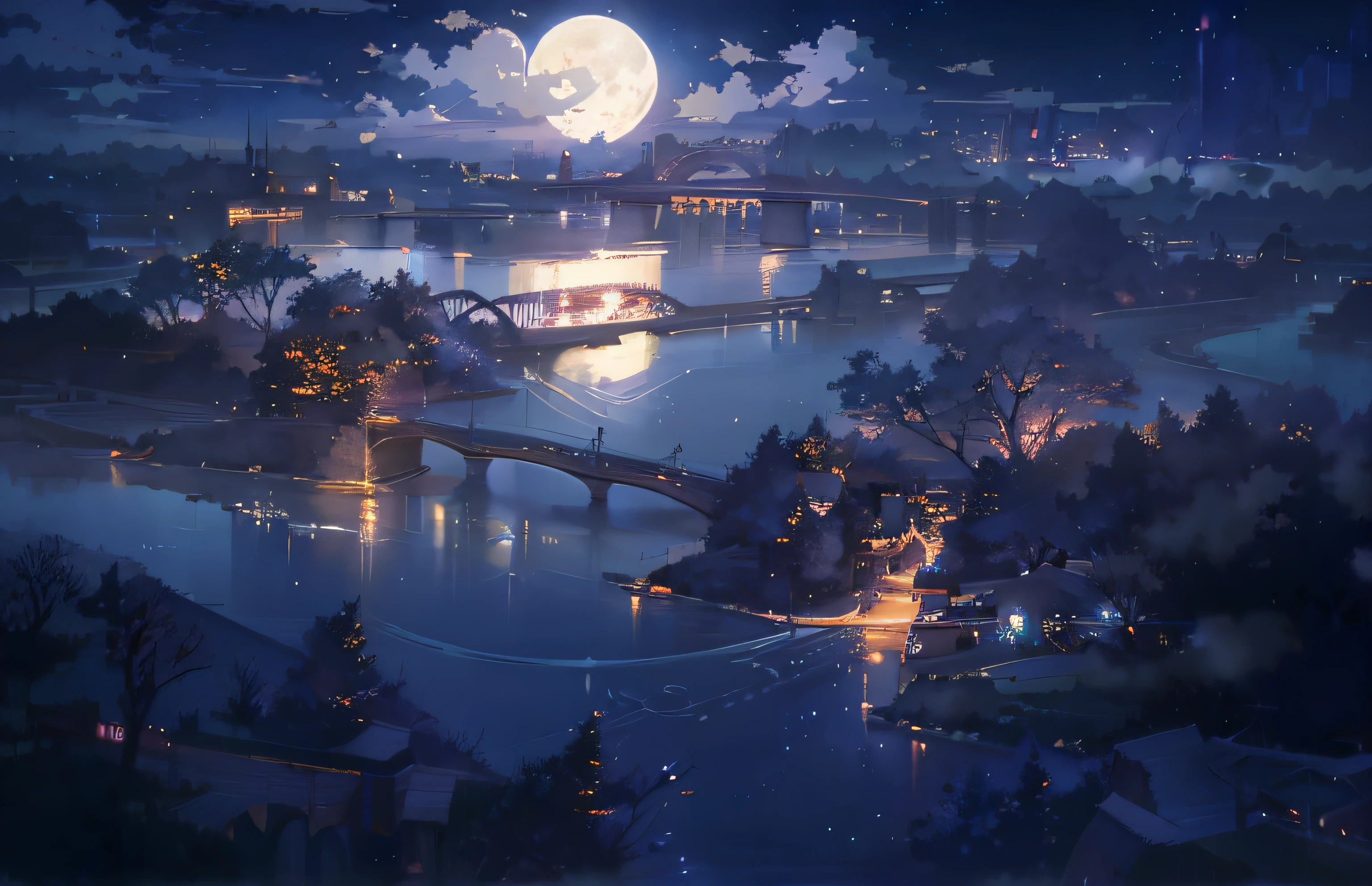 Anime landscape with bridges and rivers with full moon., ross tran. fondo del paisaje, Arte de fondo animado, fondos de anime, escena nocturna, hermosas escenas de anime, paisaje animados, anime hermosa escena de paz, moon night dreamy atmosphere, fondos de pantalla de paisajes anime, obra de arte del paisaje, estudio con soltura makoto shinkai, hermoso paisaje animado, estilo andres rocha, paisaje animado