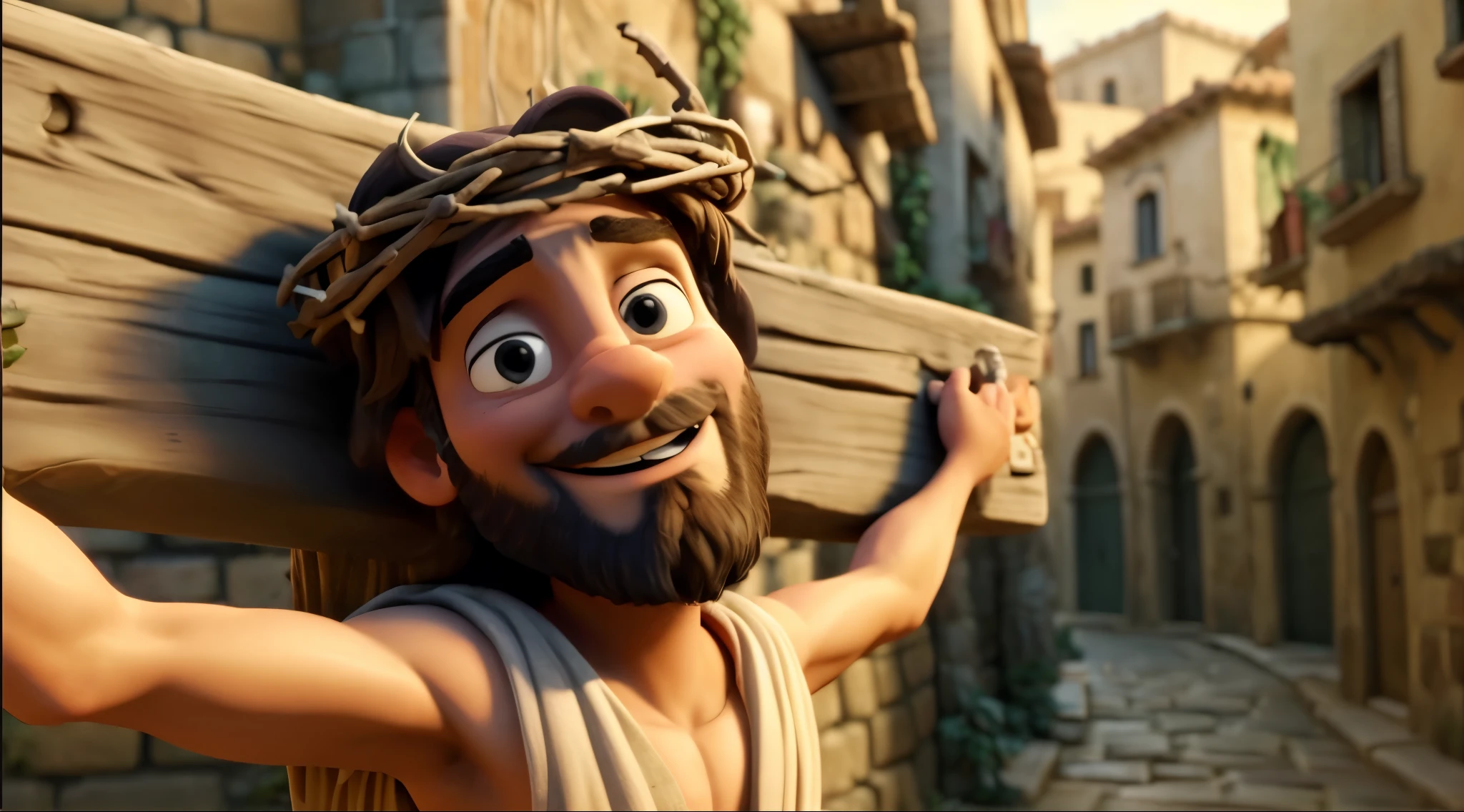 The image depicts a cartoon depiction of Jesus carrying his cross. He has a big smile and his arms are outstretched, wearing a crown of thorns and a tan robe. The background features an old Italian town with a cobblestone street and arches.