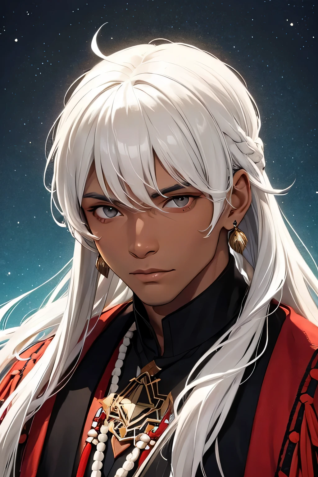 white haired indigenous man, pele escura e olhos marcantes