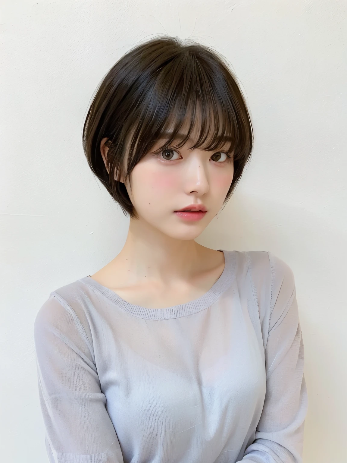 see-through tops、long sleeve dress、Silky hair、white wall、Taken in front of the white door、((highest quality、8K、masterpiece:1.3))、ultra high resolution、Photographed in natural light、(photogenuineistic:1.4)、RAW photo、Japanese,(face)、genuine、Highly detailed face and skin texture、highly detailed lips、correct state of the human body、black hair、various poses、natural color lip、shortcut、short hair