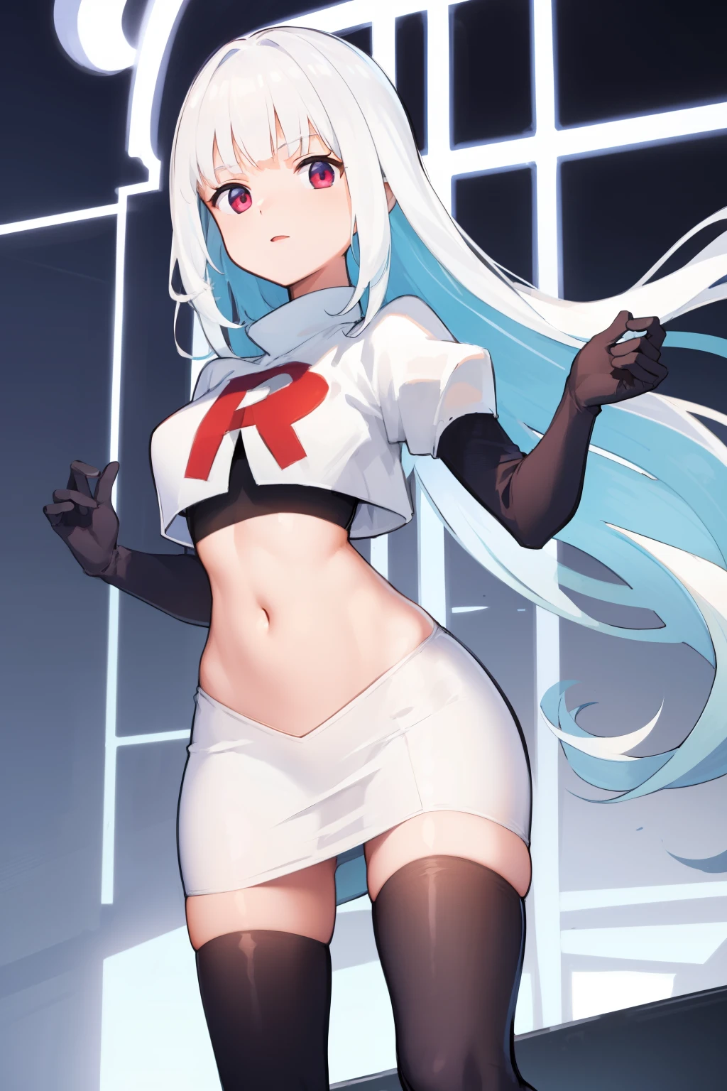 ung and gorgeous girl, masterpiece, best quality, 8k uhd, ultra high res, simple background, team rocket,team rocket uniform, red letter R, white skirt,white crop top,black thigh-highs,black elbow gloves