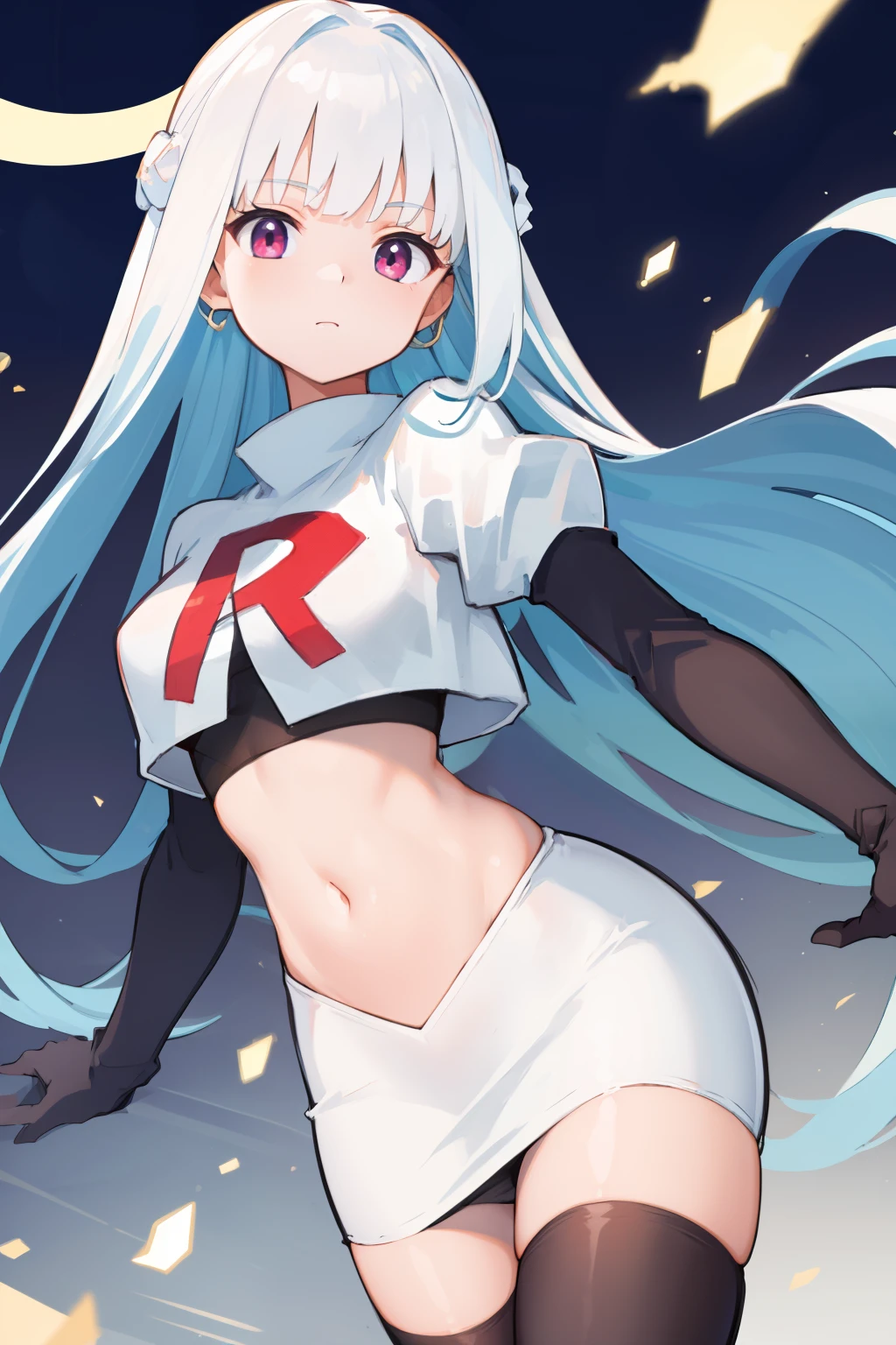 1 young and gorgeous girl, masterpiece, best quality, 8k uhd, ultra high res, simple background, team rocket,team rocket uniform, red letter R, white skirt,white crop top,black thigh-highs,black elbow gloves