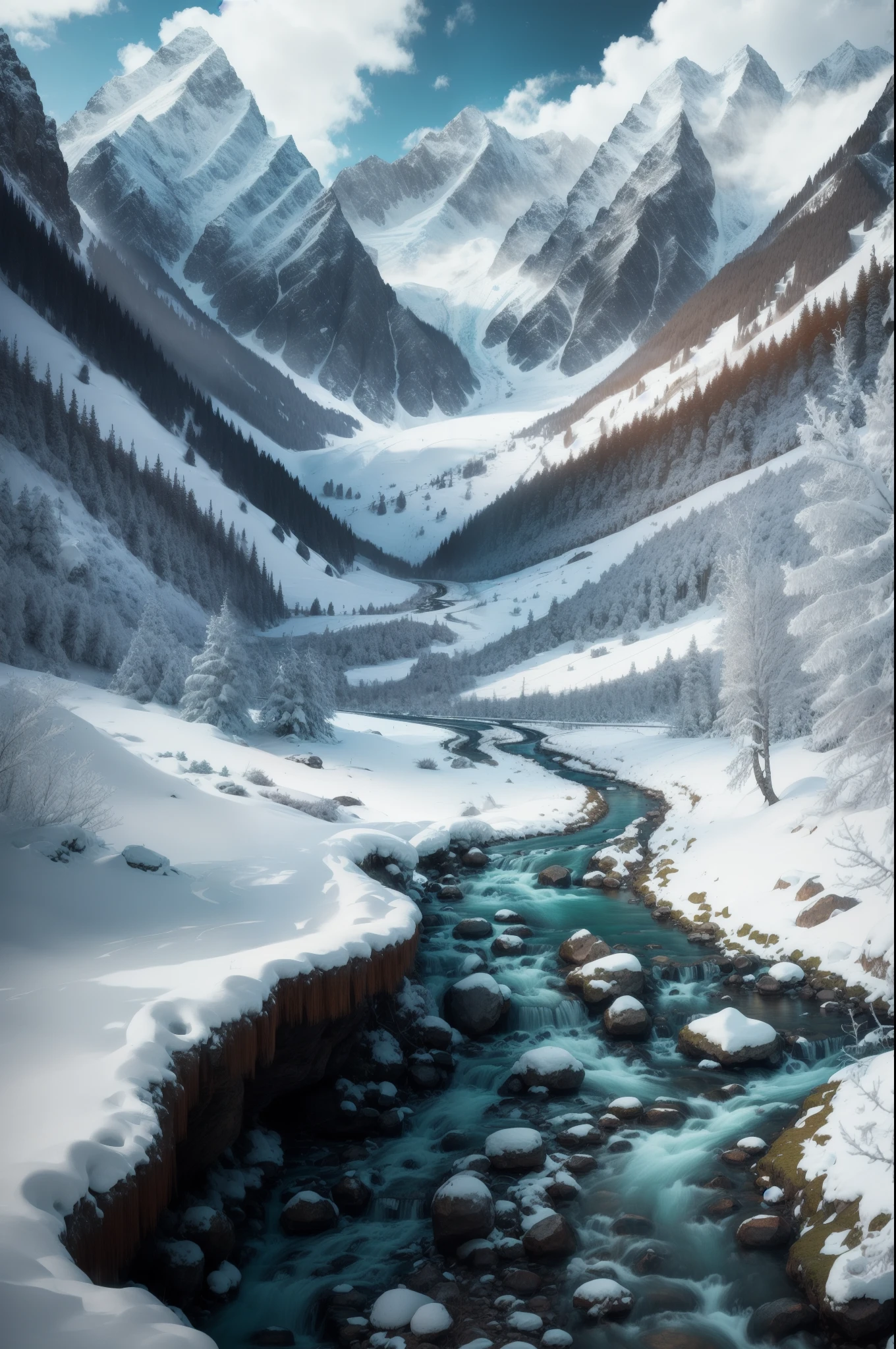 beautiful mountain range area with stream and vibrant nature, 8k, best quality, no snow