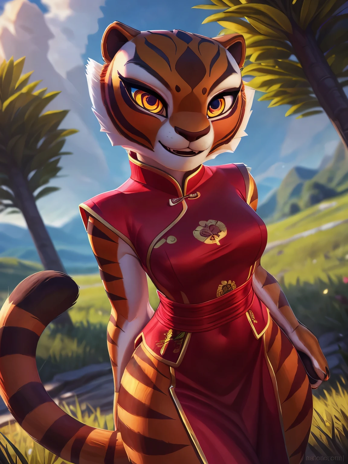 (by pixelsketcher:0.6), (by personalami :0.6), solo, female,master tigress,feline,detailed background, (cinematic lighting:1.1), (perfect focus:1.1), 8k hd, photo, (detailed eyes:1.2),depth of field, bokeh, subsurface scattering, perfect breasts, wide ,(chinese clothing), bright colors, (furry detail),detailed background, green field, green landscape,realistic, photorealistic, ultra realistic,realistic, photorealistic,smile,(fur),(realistic furry:1.1),(tail), (extreme furry detail:1.2),((beautiful eyes, pixar style eyes,macmegagerc style eyes,yellow eyes))