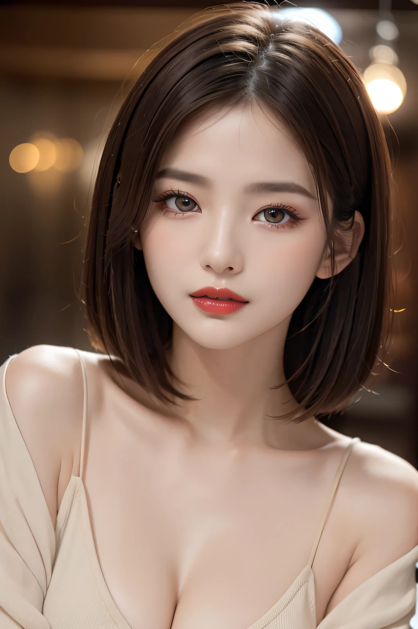 (highest quality、table top、8K、best image quality、Award-winning work)、(one young girl, :1.3)、(Perfect V-neck red long knit sweater:1.2)、(red eyeshadow:1.2)、perfect makeup、long eyelashes、Super high-definition sparkling eyes、ultra high definition hair、ultra high resolution glossy lips、Super high resolution perfect teeth、Super high resolution cute face、brown hair、(very short straight hair:1.1)、look at me and smile、[clavicle]、accurate anatomy、(close up of face:1.5)、Luxury love hotel、(The most moody warm lighting:1.2)、blurred background、With bangs、Super high-resolution glossy and moisturized face、Super high resolution glowing skin、most detailed face、Ultra high resolution detailed faces、ultra high resolution hair、Super high resolution sparkling eyes、Beautiful face drawn in every detail、Super high resolution glossy red lips、big breasts、cleavage